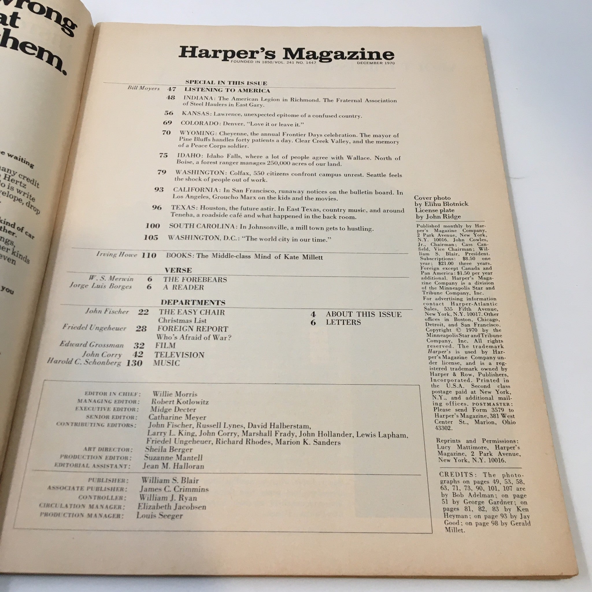 Inside page of VTG Harper's Magazine December 1970 featuring Bill Moyers' article "Listening to America". The layout includes the magazine's title and table of contents highlighting various cultural and political topics discussed in the issue.