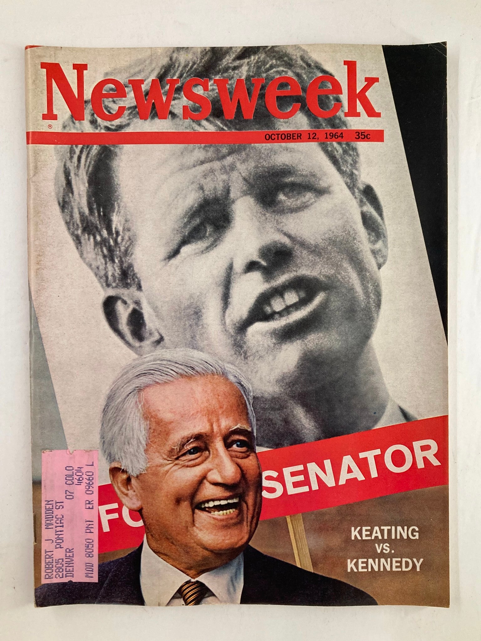 Vintage Newsweek magazine cover from October 12, 1964, featuring the political face-off between Kenneth Keating and Robert Kennedy. The cover highlights Keating's candidacy for Senator with prominent images of both candidates.