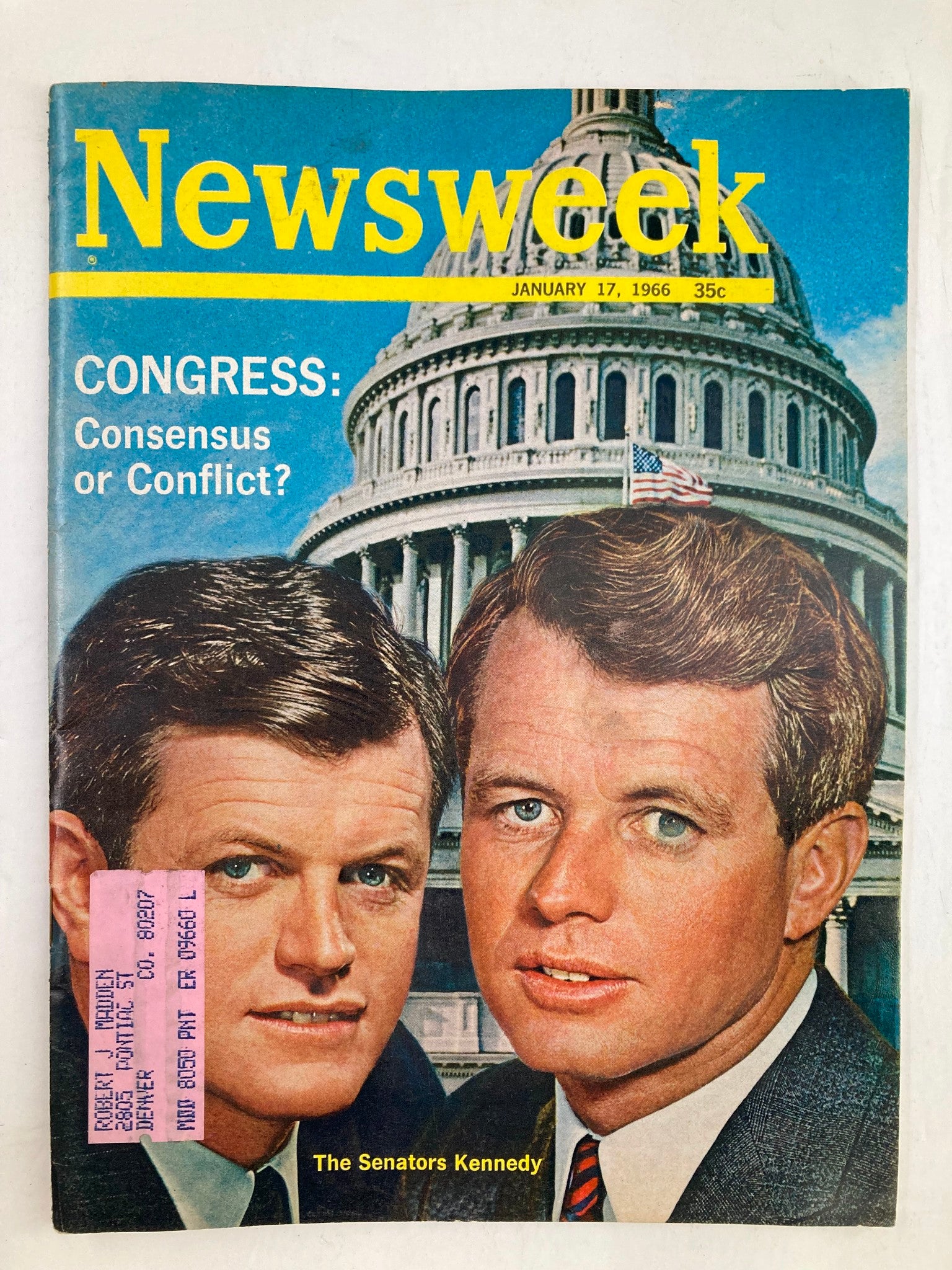Cover of Newsweek magazine dated January 17, 1966 featuring Senators Ted and Robert Kennedy. The cover includes the headline 'CONGRESS: Consensus or Conflict?' alongside a backdrop of the U.S. Capitol Building. This vintage collectible highlights a pivotal moment in American politics.