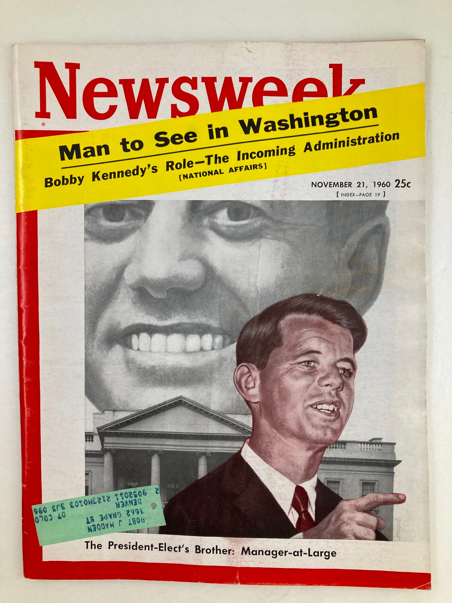 Cover of VTG Newsweek Magazine from November 21, 1960 featuring Bobby Kennedy's role in the incoming administration, showcasing a striking portrait of Kennedy with the headline 'Man to See in Washington.'