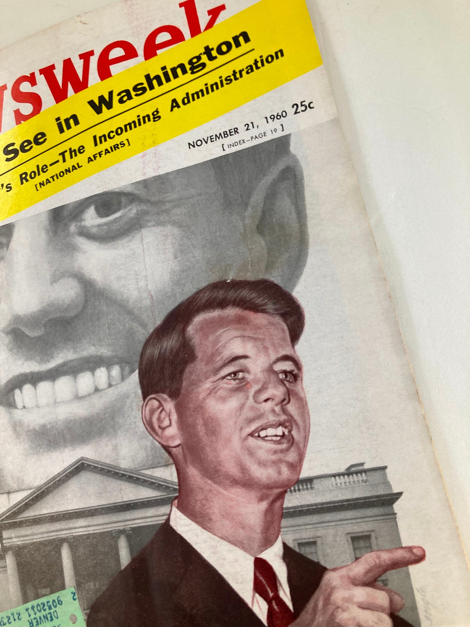 Close-up of the cover of VTG Newsweek Magazine dated November 21, 1960, highlighting Bobby Kennedy's role in the incoming administration with an engaging illustration and a vibrant yellow banner.