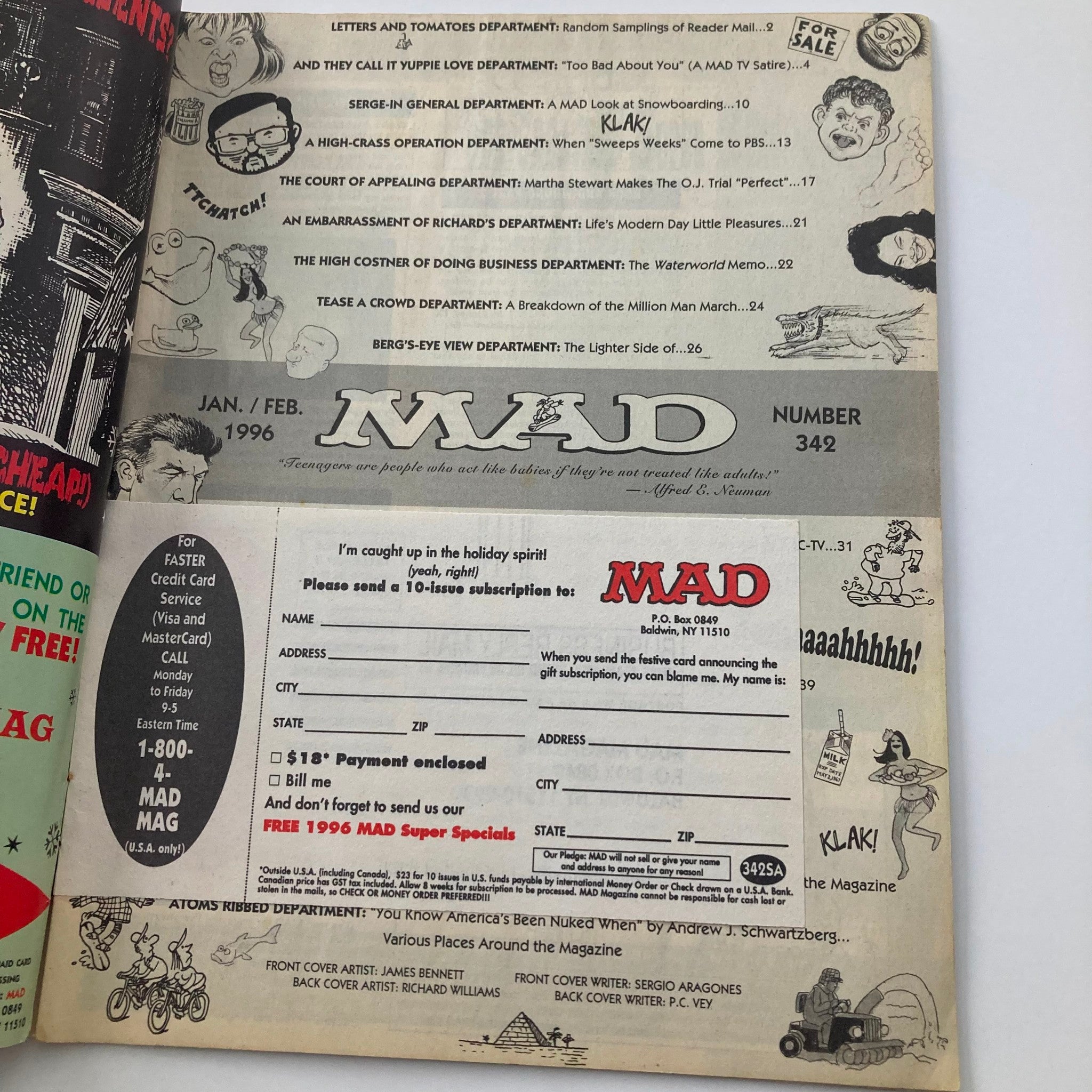 Mad Magazine January 1996 #342 No Snowboarding! 4.0 VG Very Good No Label