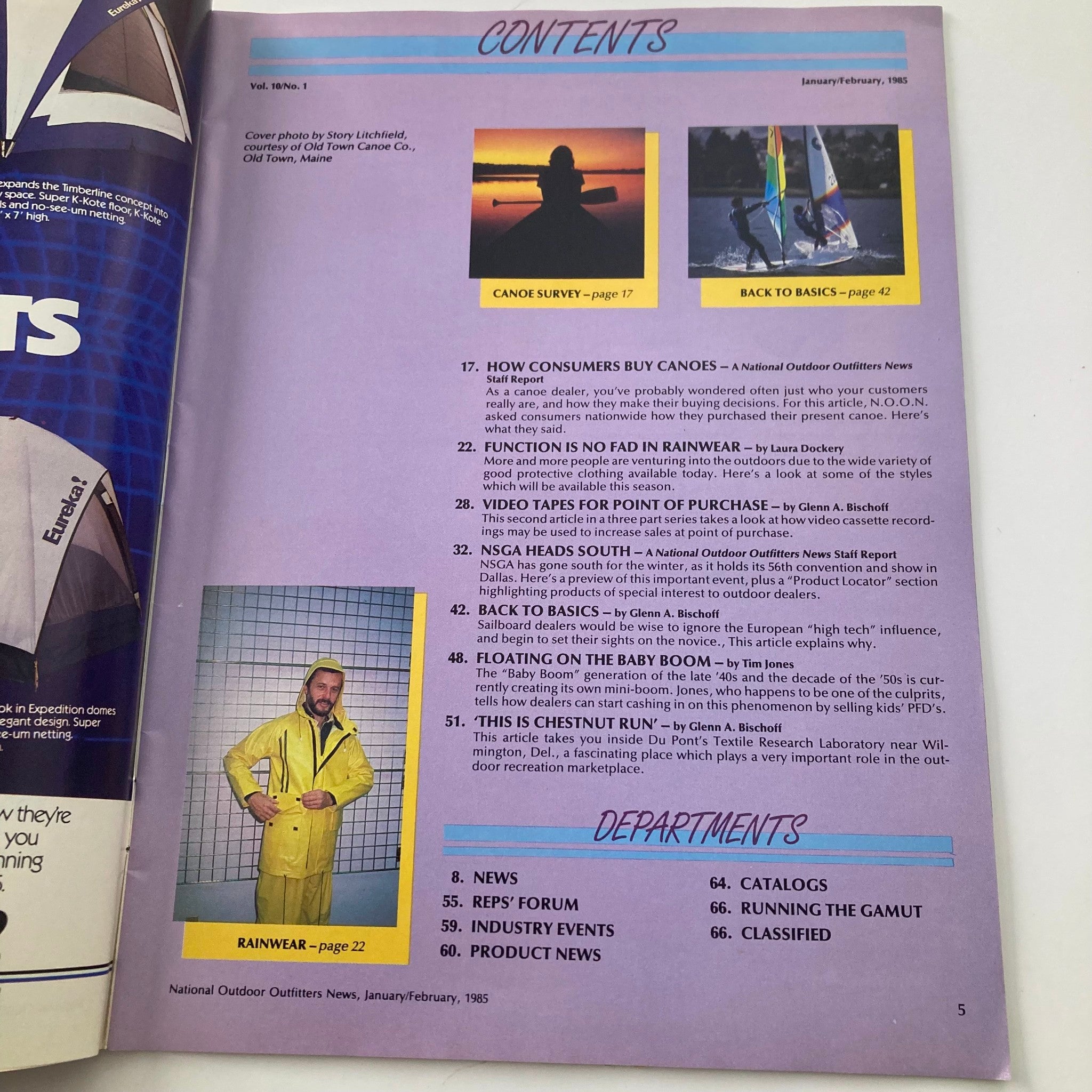 Contents page of National Outdoor Outfitters News January/February 1985, highlighting articles including 'How Consumers Buy Canoes' and 'Rainwear', with colorful graphics.