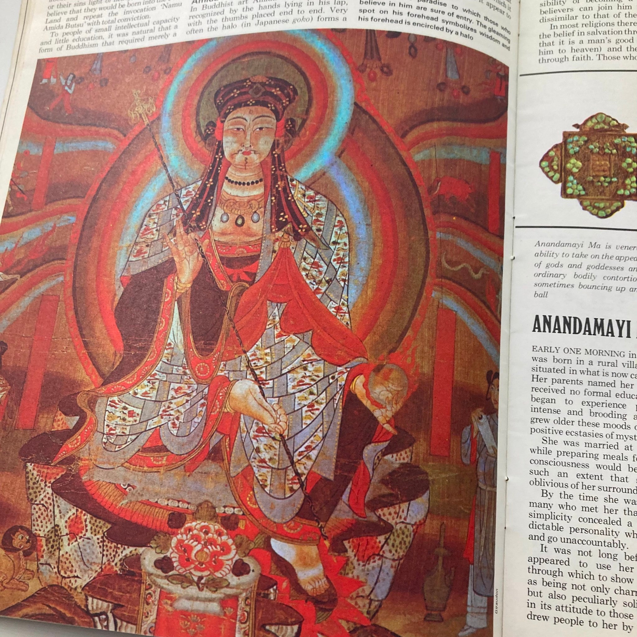 VTG Man, Myth & Magic Magazine 1970 displays an artistic representation of Ananda Ma, symbolizing spiritual themes and Buddhist beliefs, with vibrant colors and intricate details.