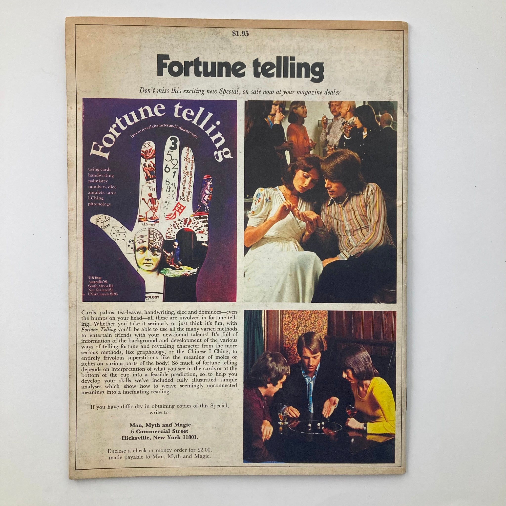 VTG Man, Myth & Magic Magazine 1970 highlights a back cover on fortune telling practices, featuring images related to tarot and palmistry, capturing the mystical allure of the era.