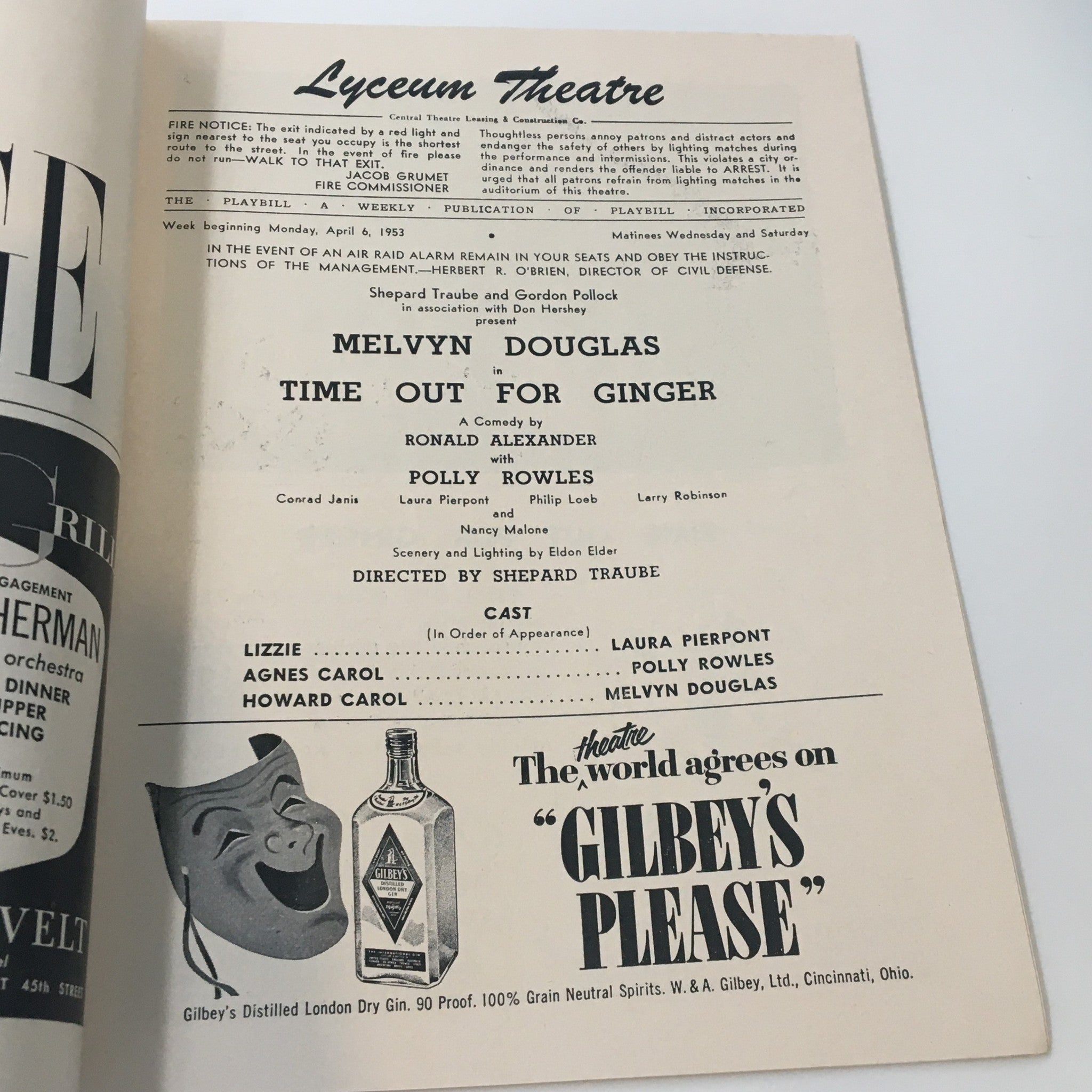 1953 Playbill Lyceum Theatre Time Out For Ginger by Shepard Traube