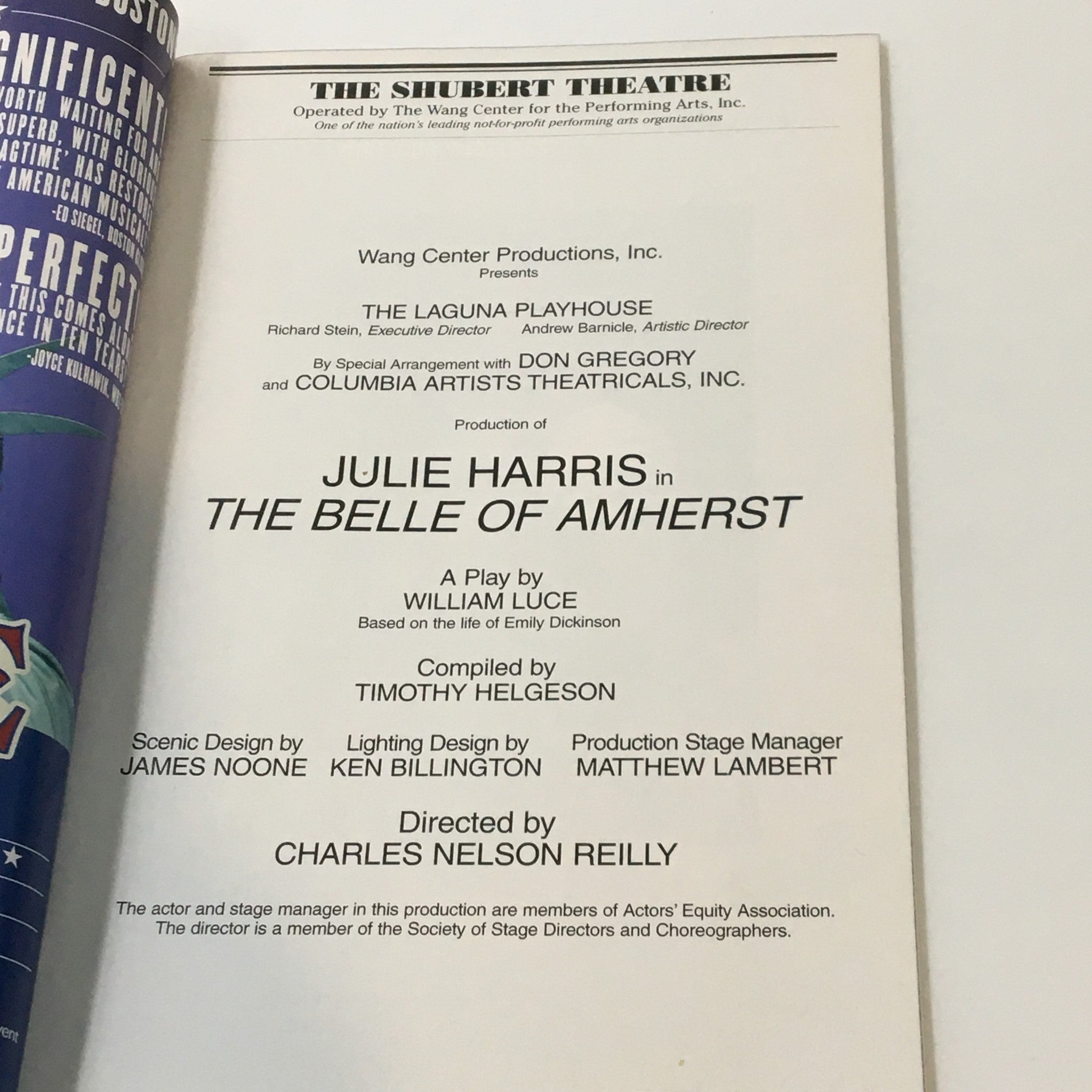 2001 Playbill The Shubert Theatre Julie Harris in The Belle of Amherst