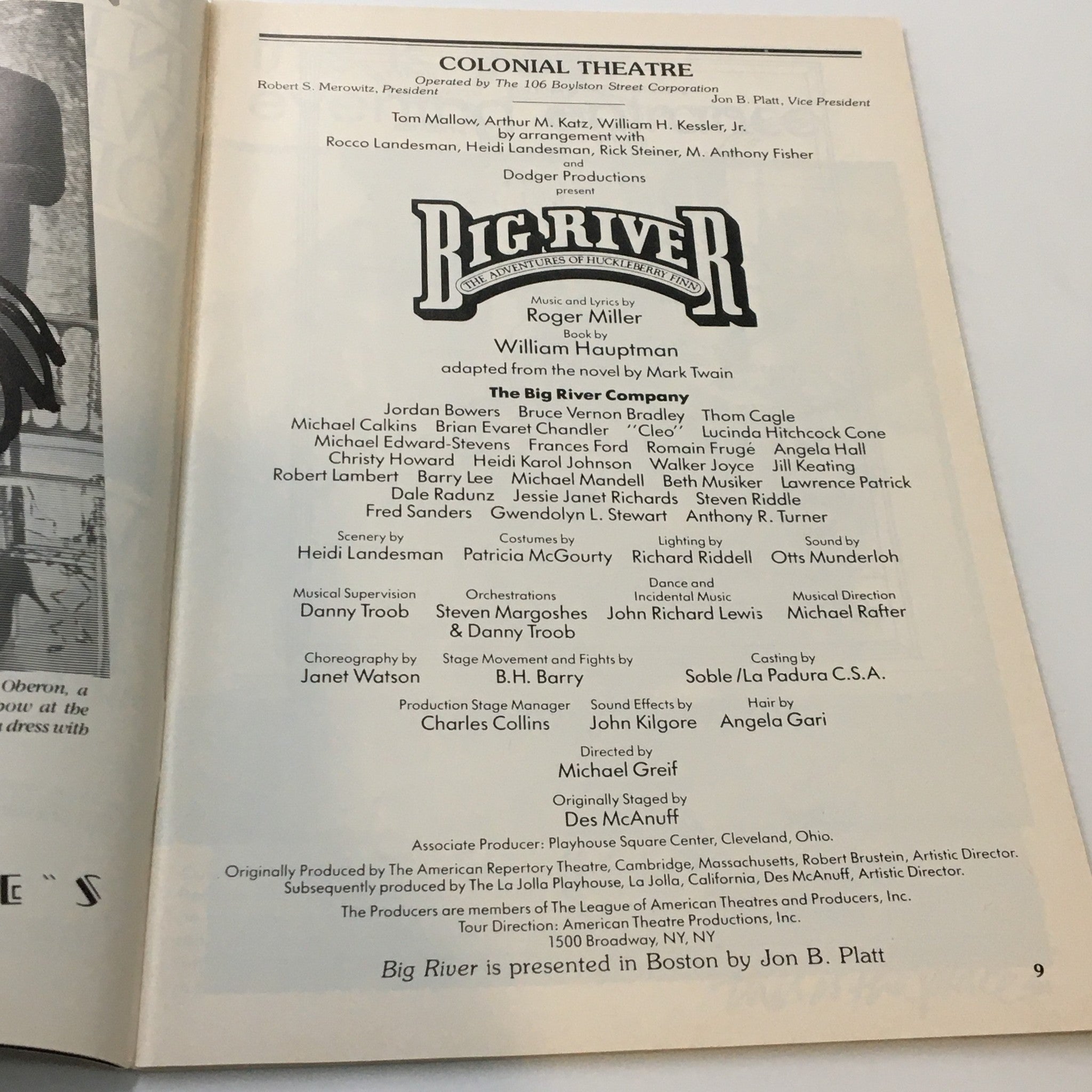 1987 Playbill Colonial Theater Big River The Adventures of Huckleberry Finn