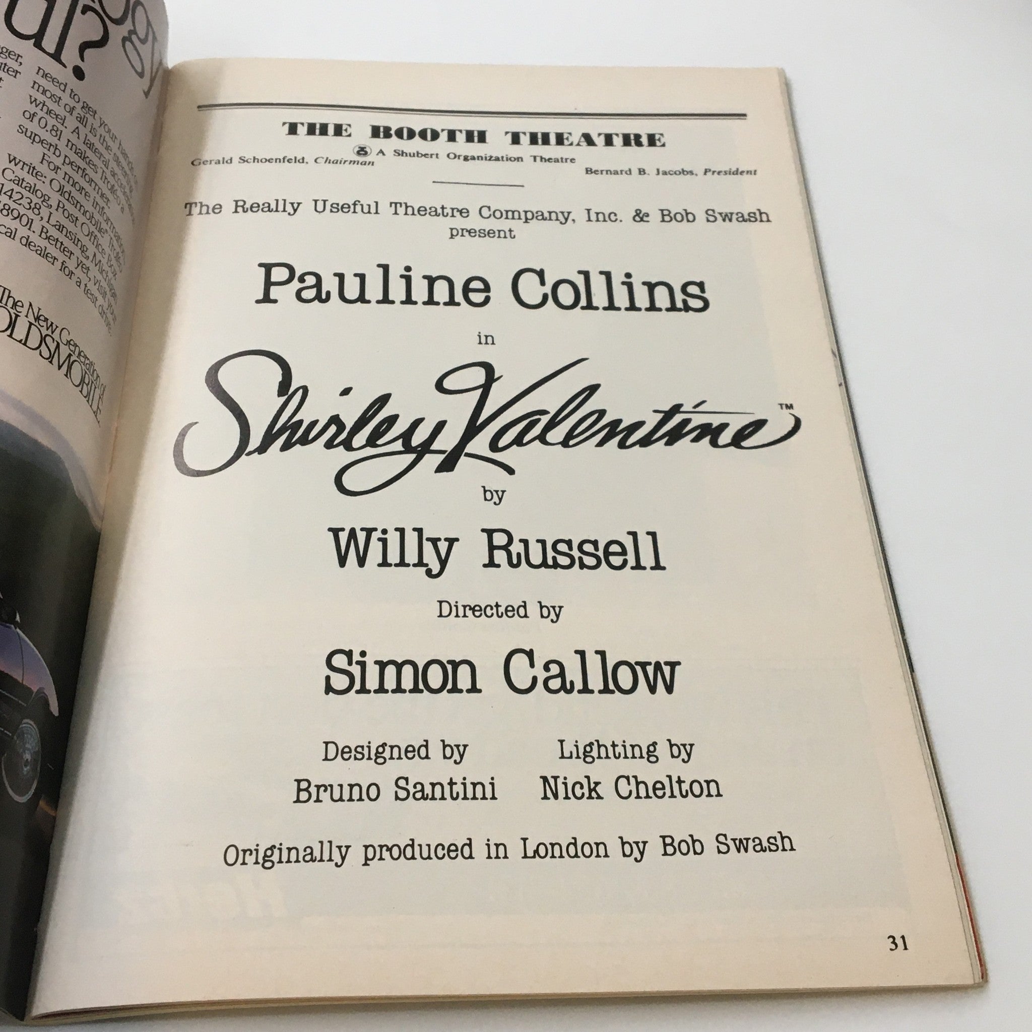 1989 Playbill The Booth Theatre Pauline Collins in Shirley Valentine