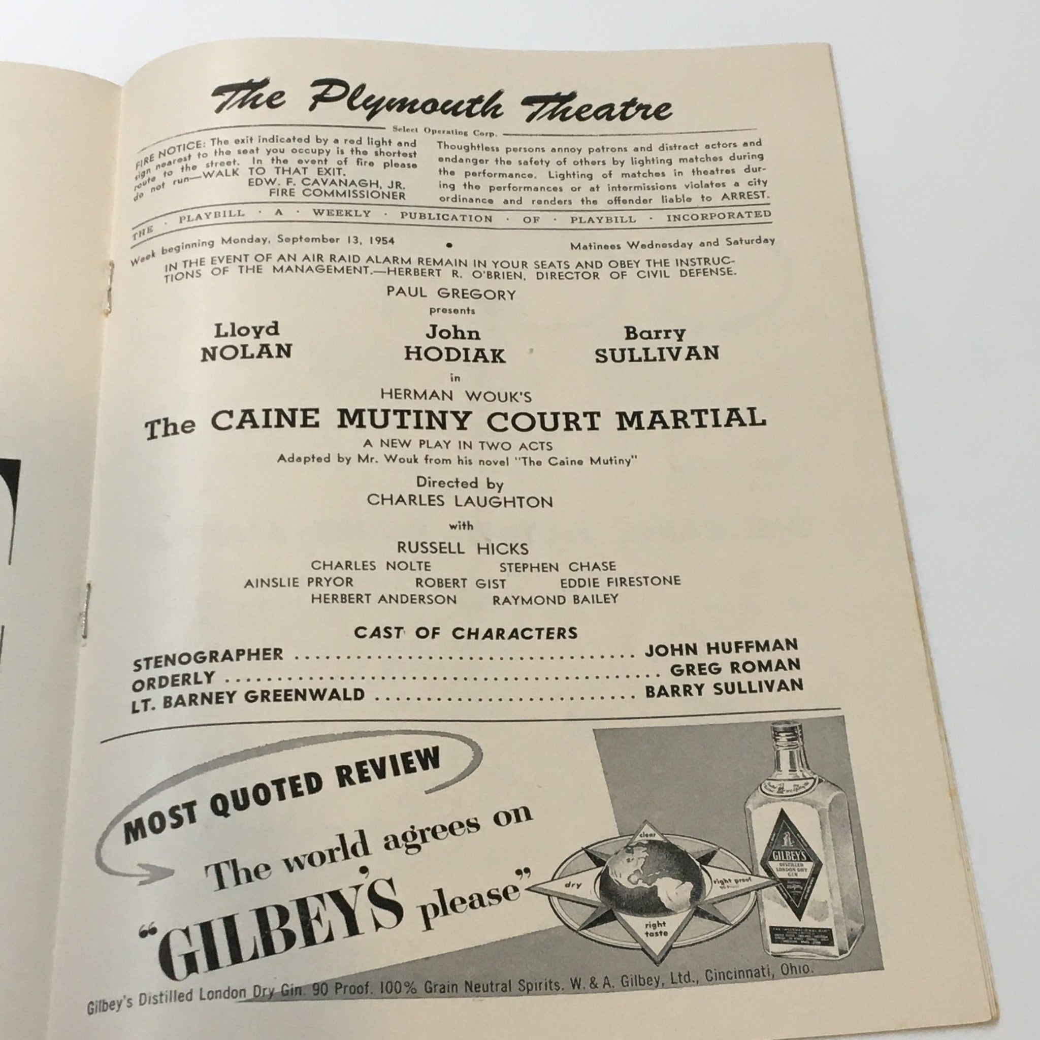 1954 Playbill The Plymouth Theatre Herman Wouk's The Caine Mutiny Court Martial