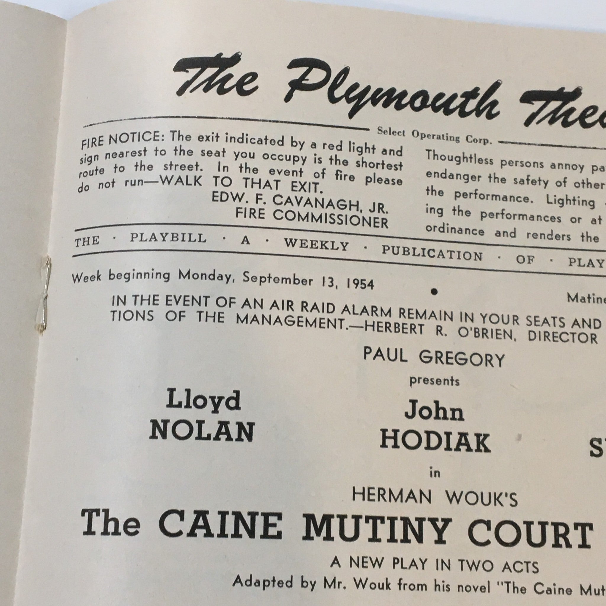 1954 Playbill The Plymouth Theatre Herman Wouk's The Caine Mutiny Court Martial