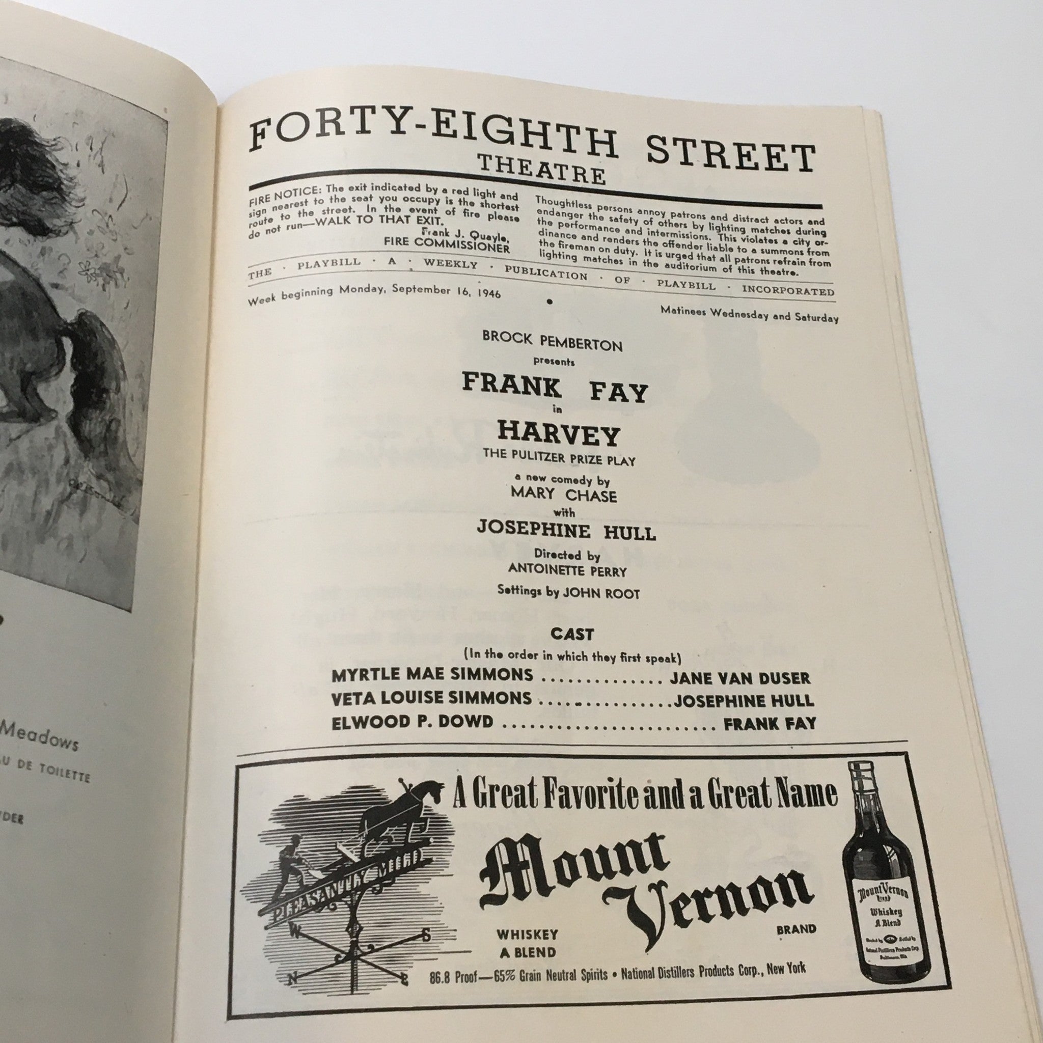 1946 Playbill Forty-Eight Street Theatre Frank Fay in Harvey by Antoinette Perry