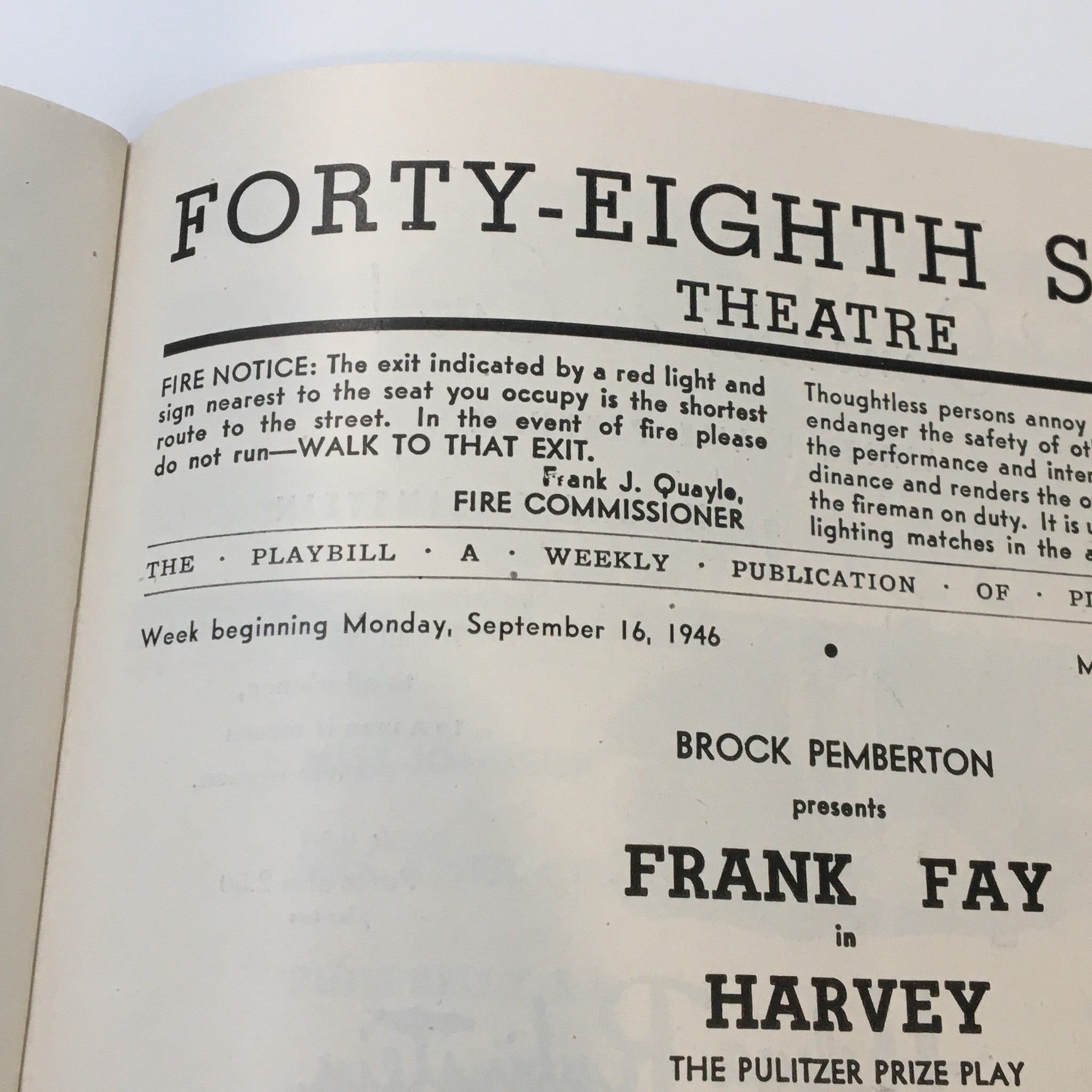 1946 Playbill Forty-Eight Street Theatre Frank Fay in Harvey by Antoinette Perry