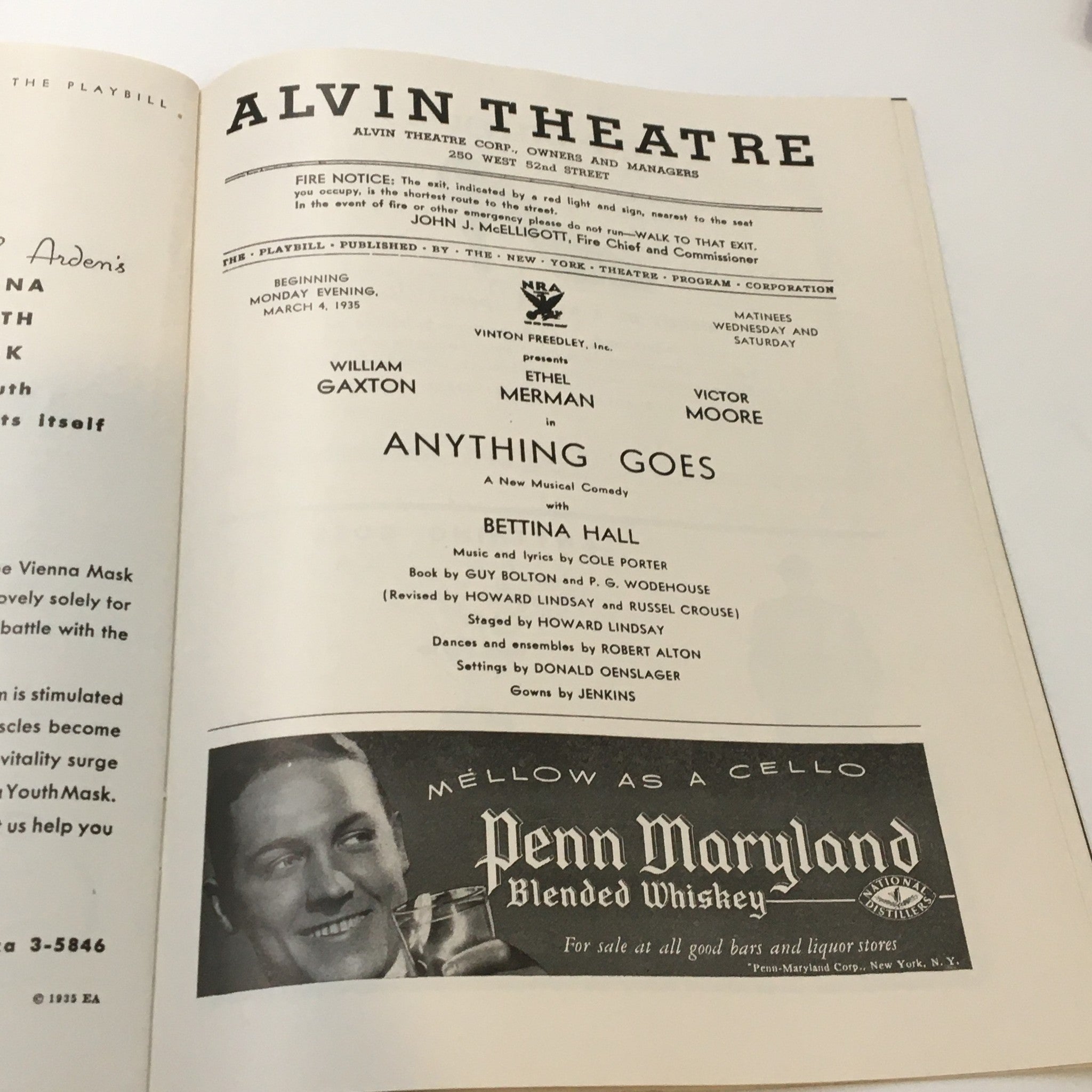 1935 Playbill Alvin Theatre William Gaxton in Anything Goes with Bettina Hall