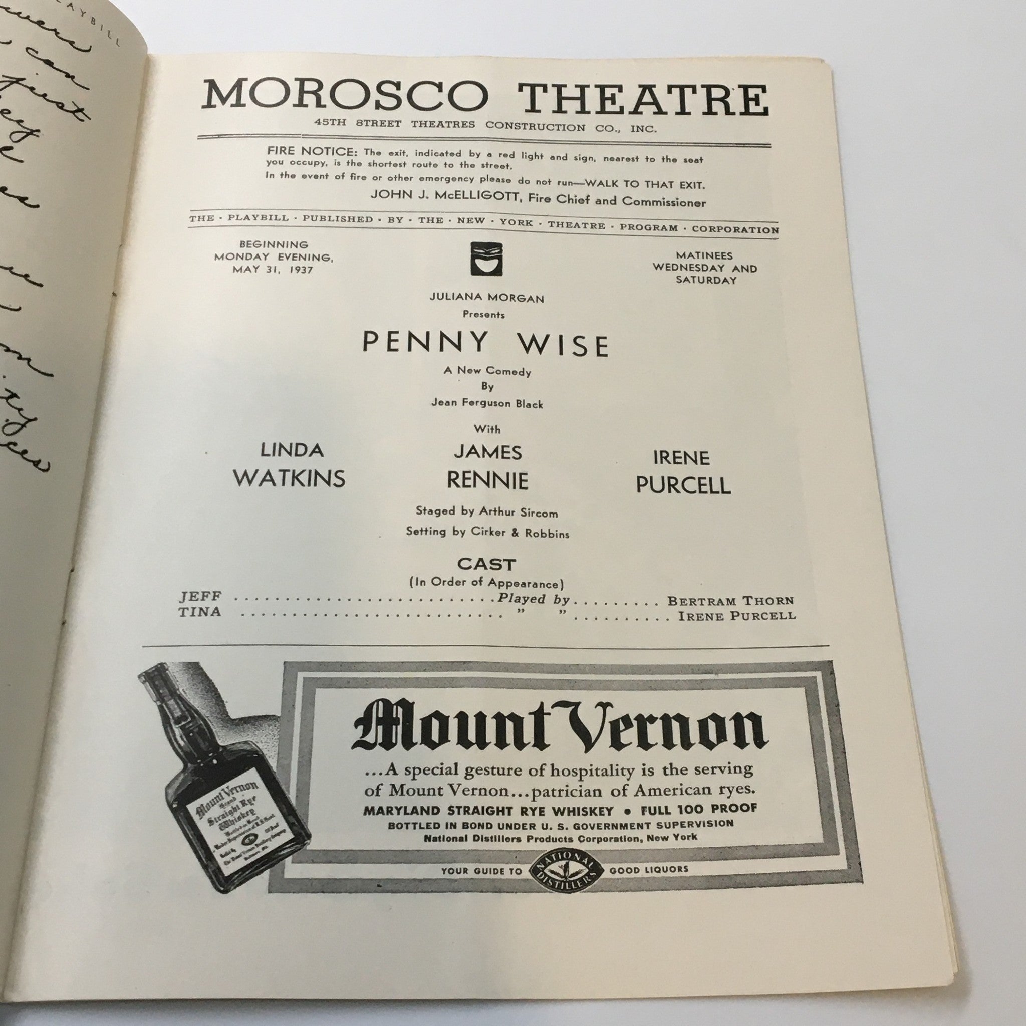 1937 Playbill Morosco Theatre Juliana Morgan in Penny Wise with James Rennie