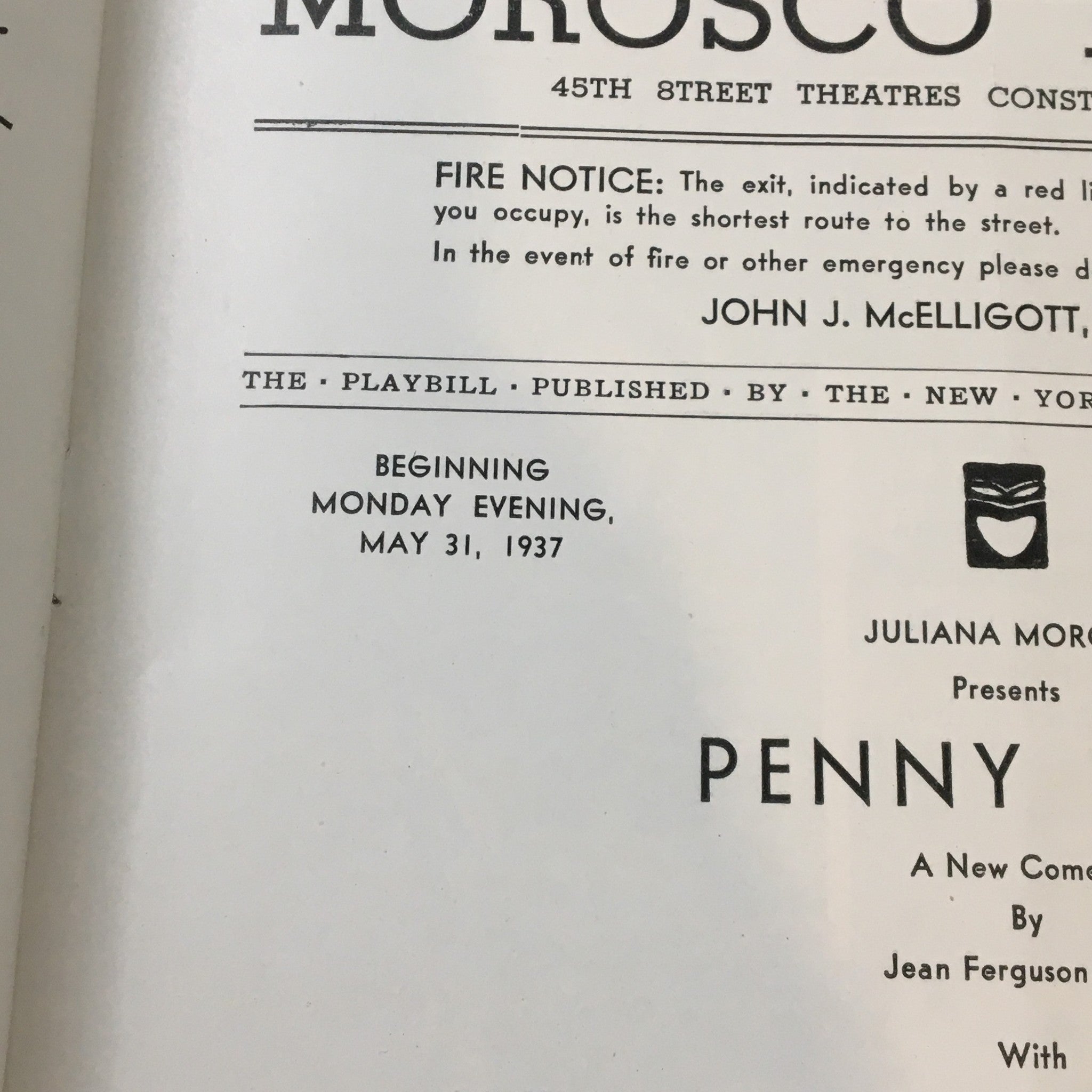 1937 Playbill Morosco Theatre Juliana Morgan in Penny Wise with James Rennie