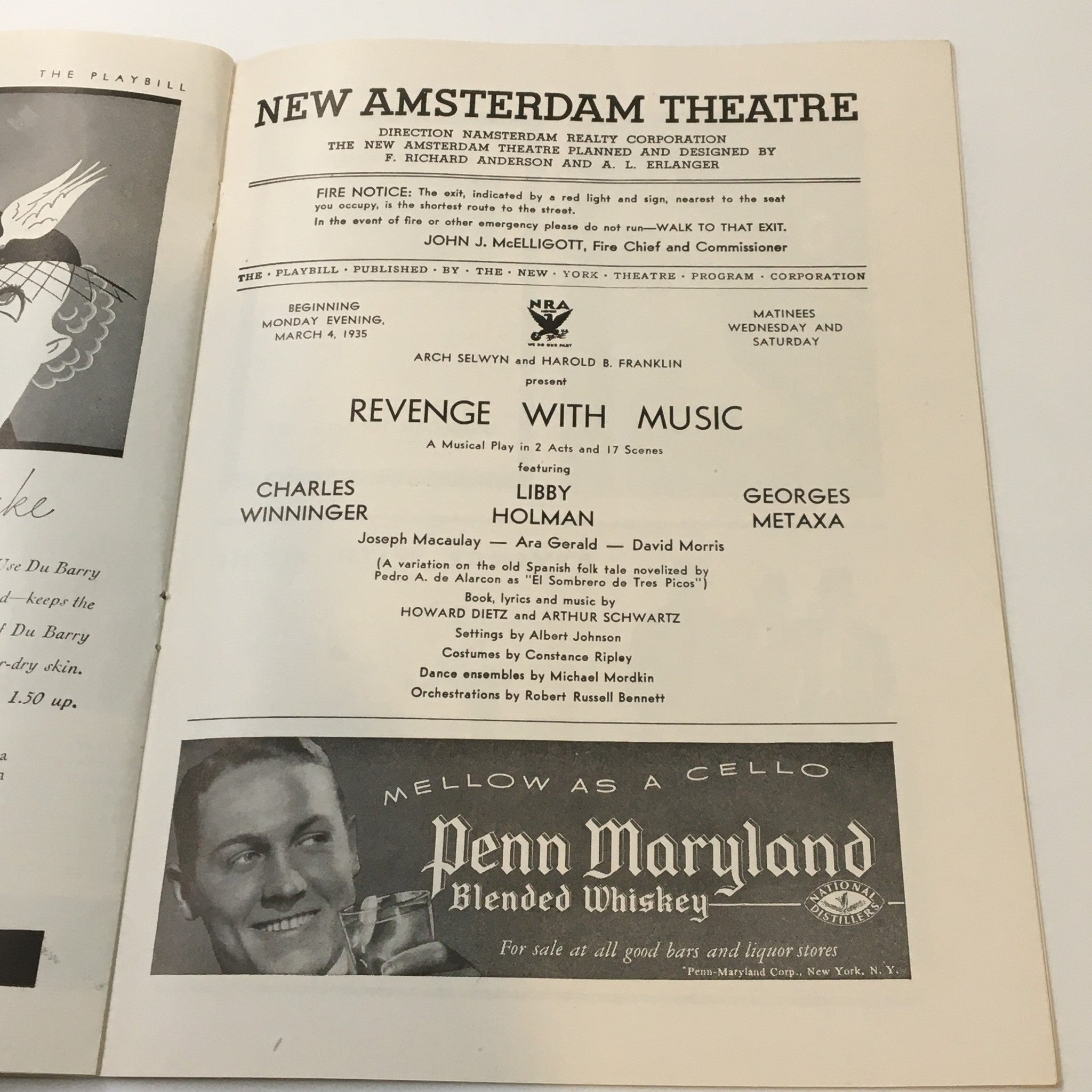 1935 Playbill New Amsterdam Theatre Libby Holman in Revenge with Music