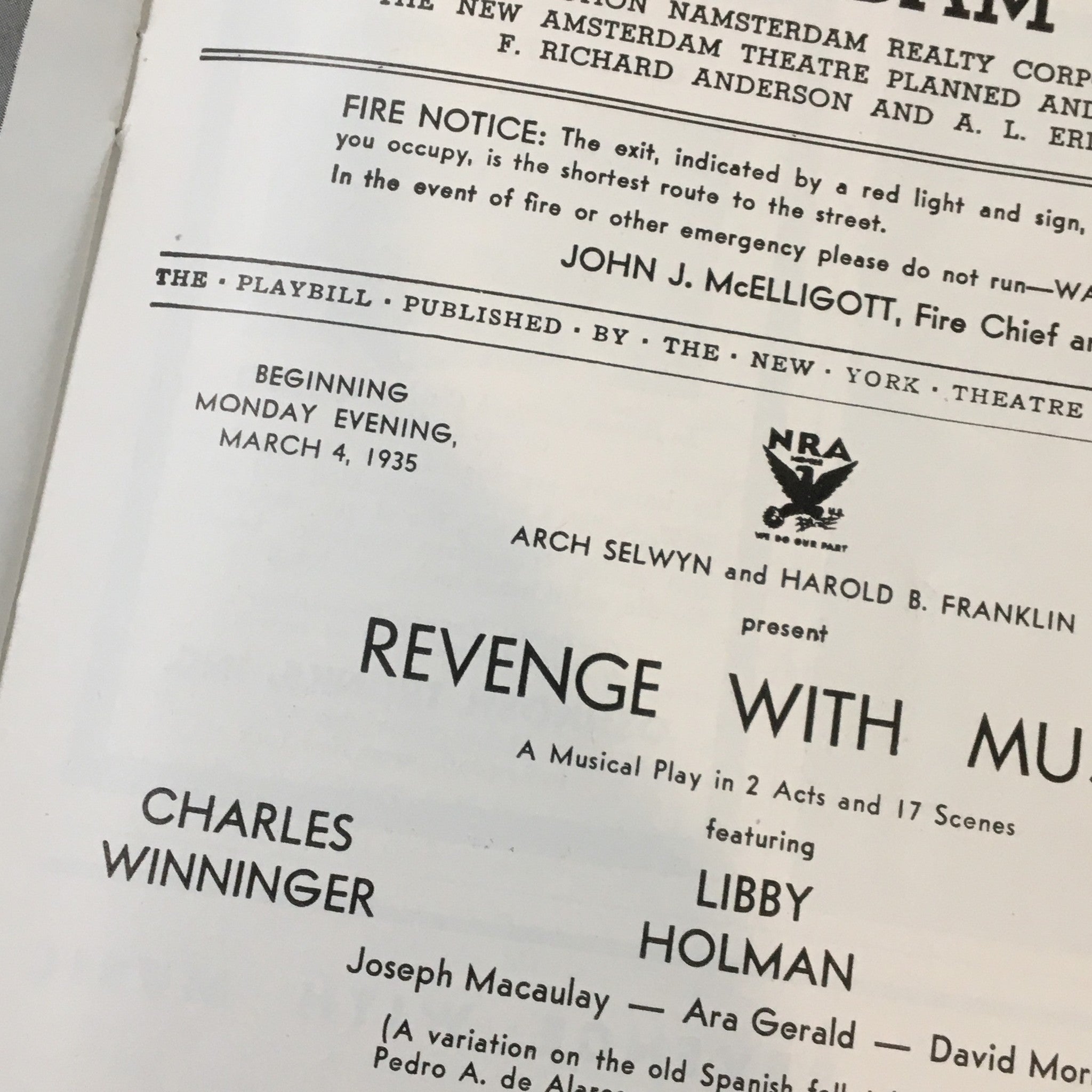 1935 Playbill New Amsterdam Theatre Libby Holman in Revenge with Music