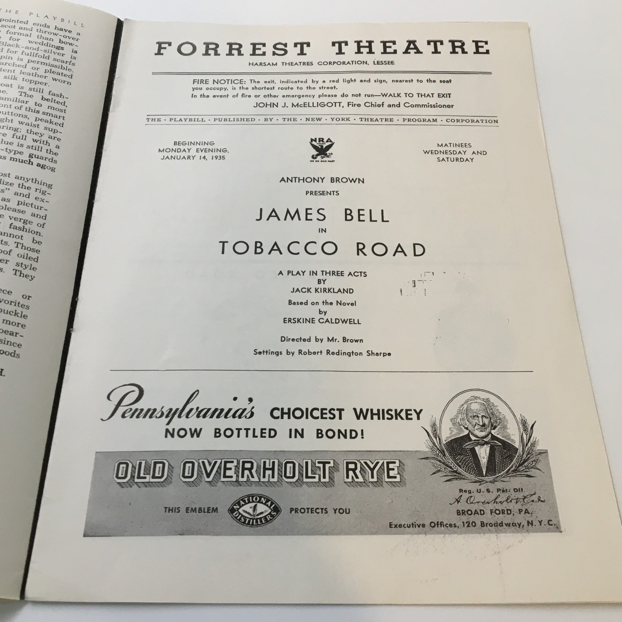 1935 Playbill Forrest Theatre James Bell in Tobacco Road by Mr. Brown