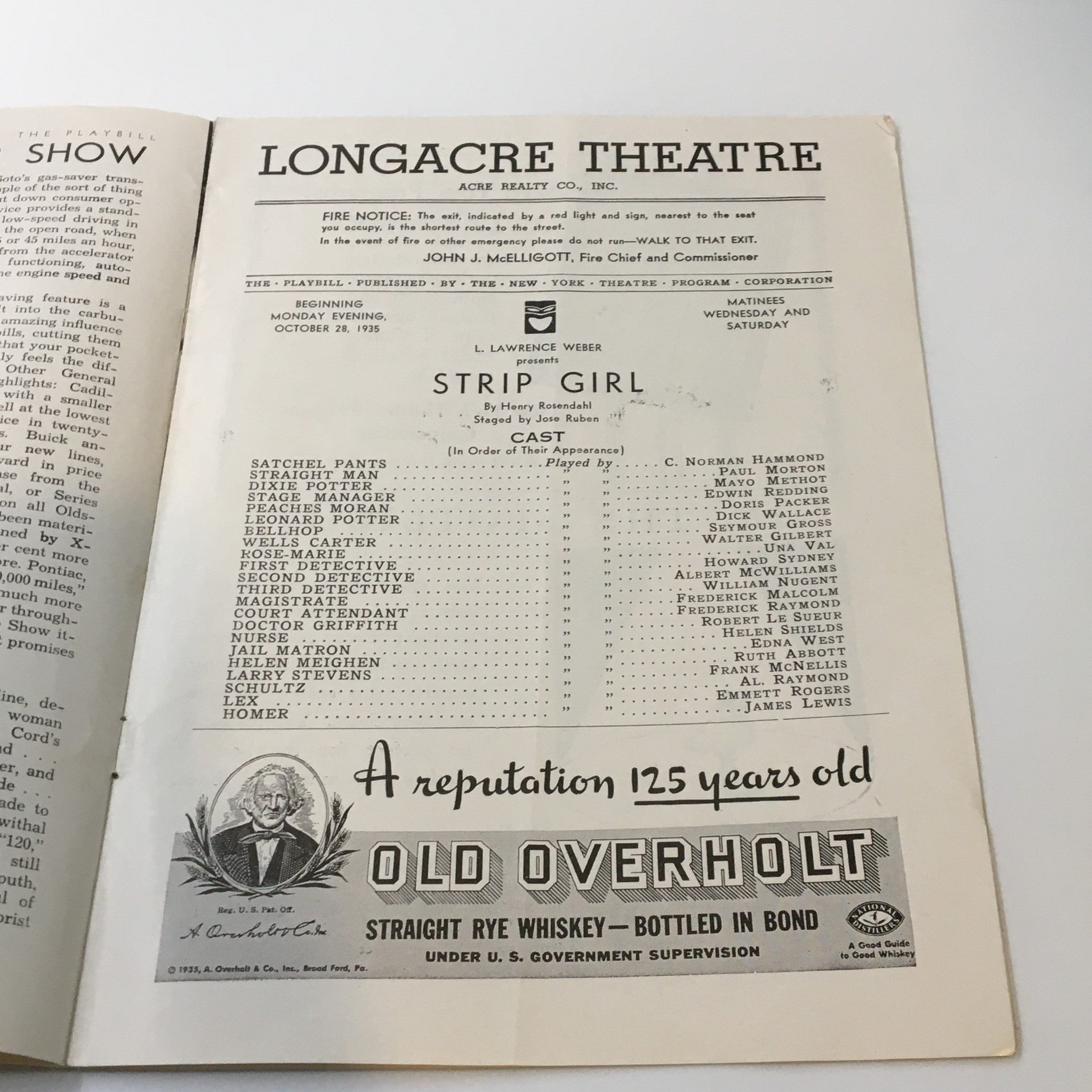 1935 Playbill Longacre Theatre L. Lawrence Weber in Strip Girl by H. Rosendahl