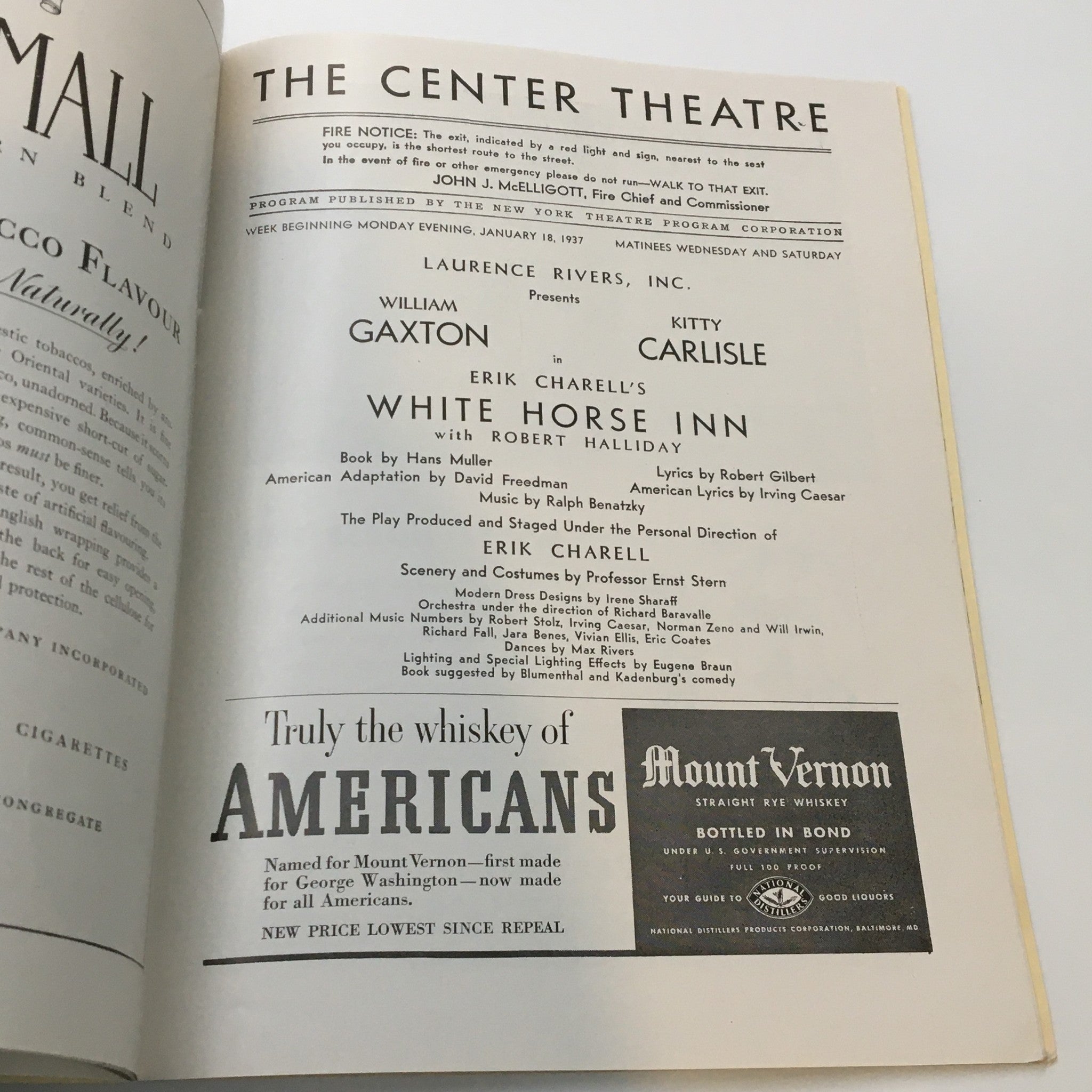 1937 Playbill The Center Theatre Erik Carrell's White Horse Inn Robert Halliday