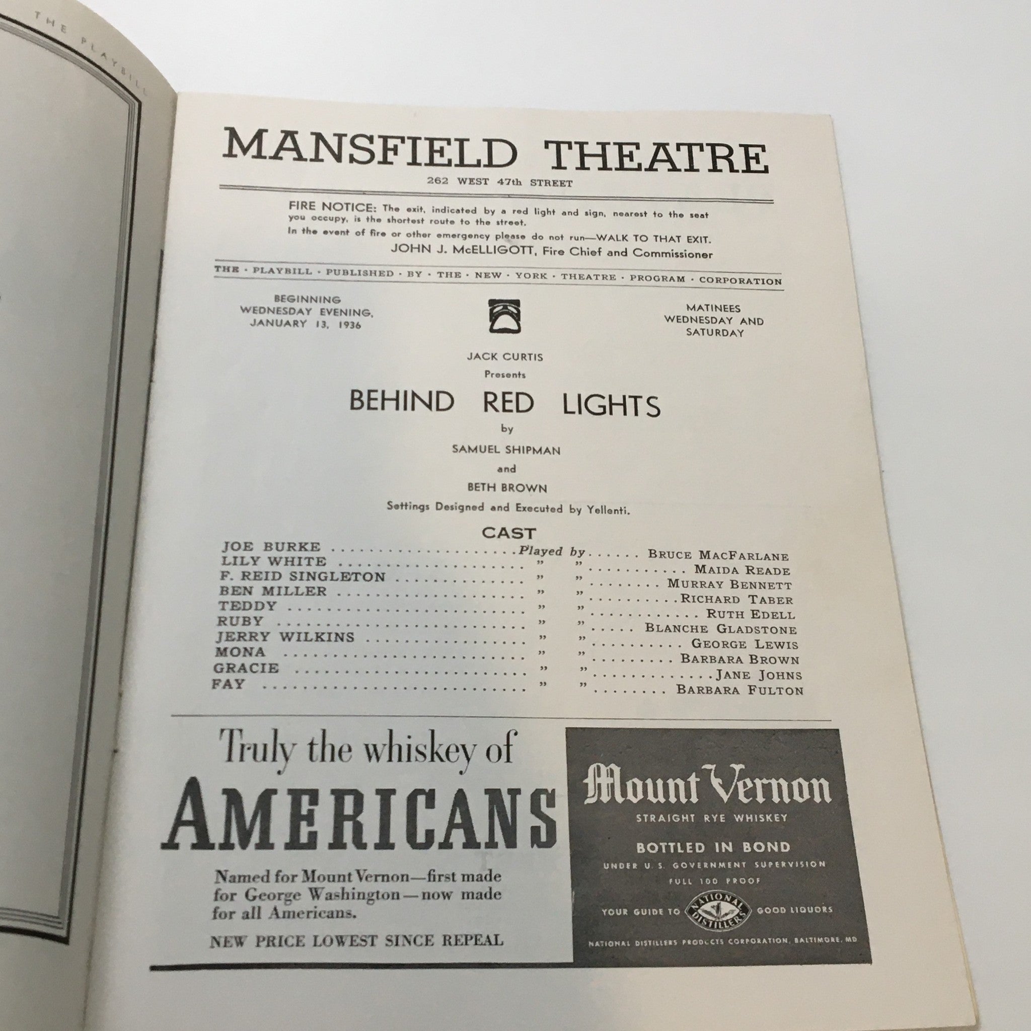 1936 Playbill Mansfield Theatre Jack Curtis Behind Red Lights by Samuel Shipman