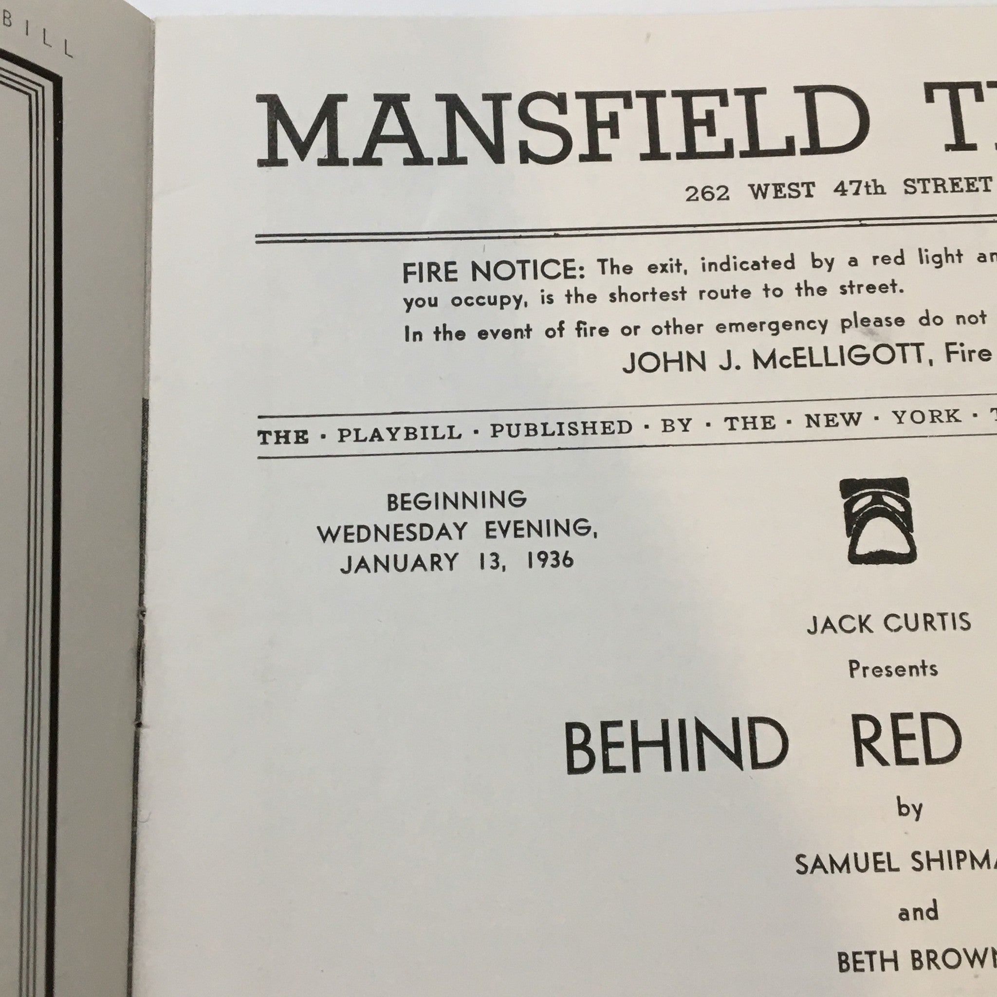 1936 Playbill Mansfield Theatre Jack Curtis Behind Red Lights by Samuel Shipman