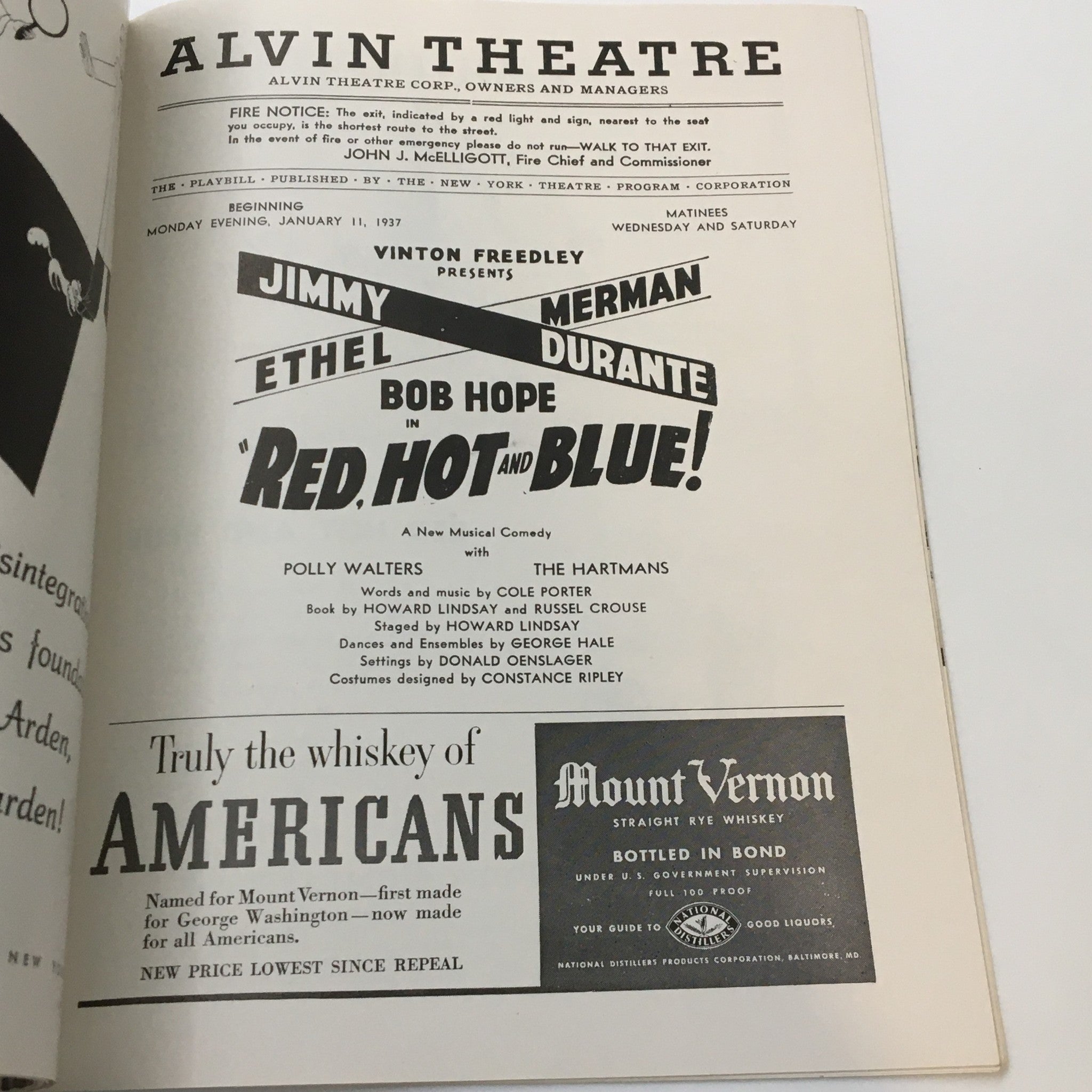 1937 Playbill Alvin Theatre Jimmy Durante Bob Hope in Red Hot and Blue