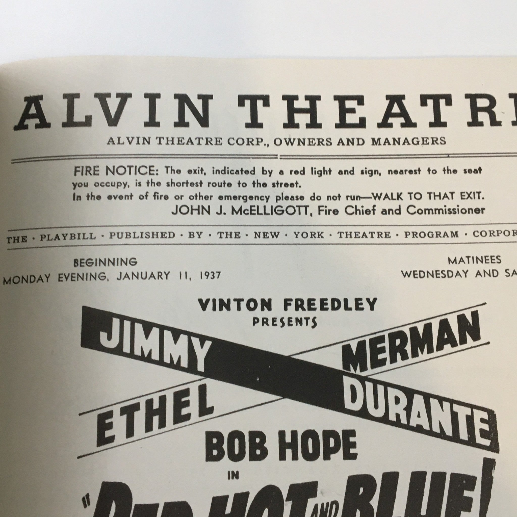 1937 Playbill Alvin Theatre Jimmy Durante Bob Hope in Red Hot and Blue