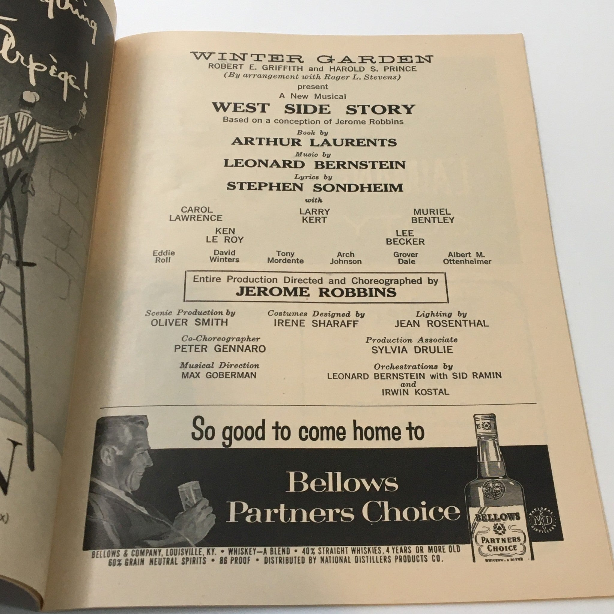 Page from the 1958 Playbill displaying the credits for West Side Story, including details about its direction by Jerome Robbins, featuring Leonard Bernstein's music.