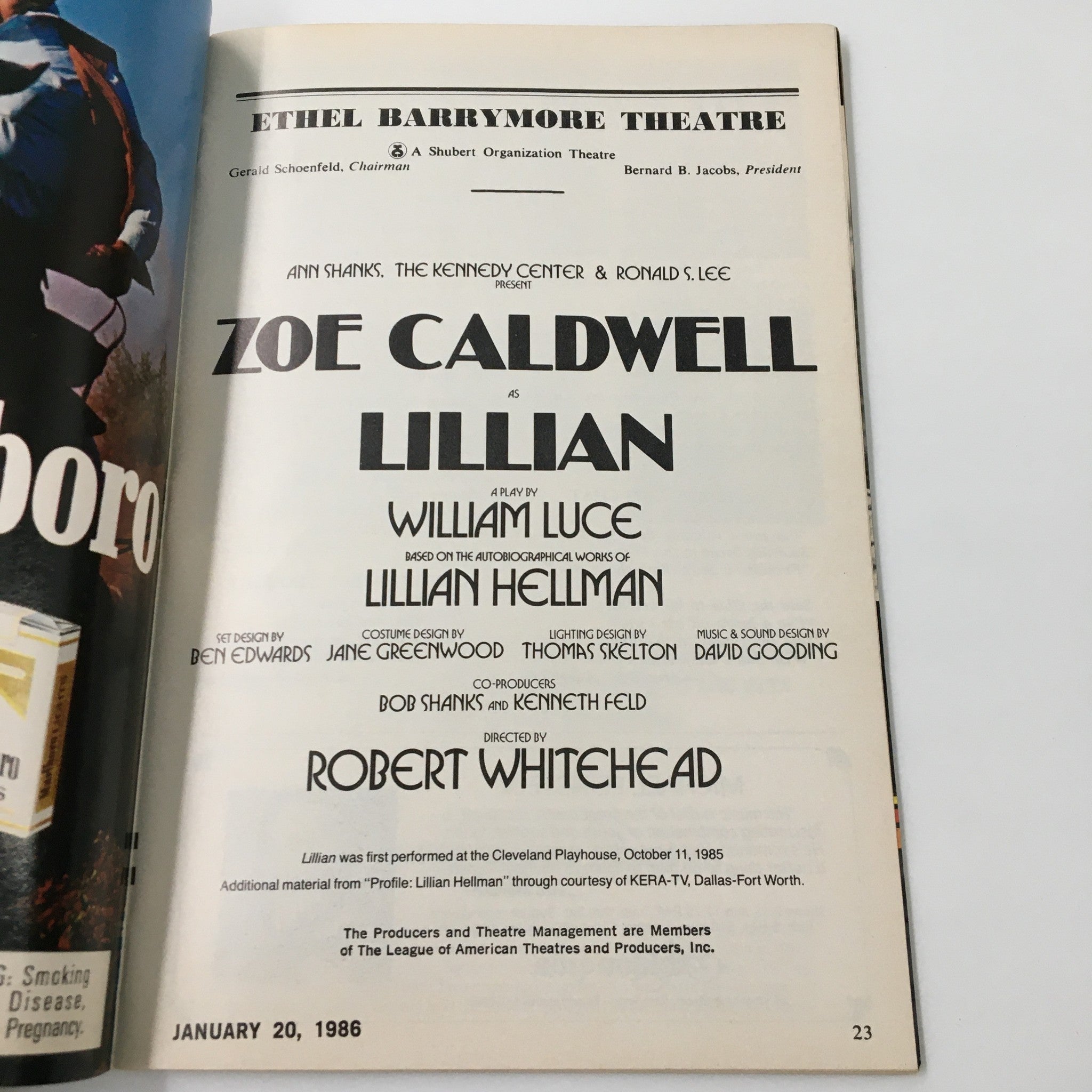 1986 Playbill Ethel Barrymore Theatre Zoe Caldwell in Lillian Robert Whitehead