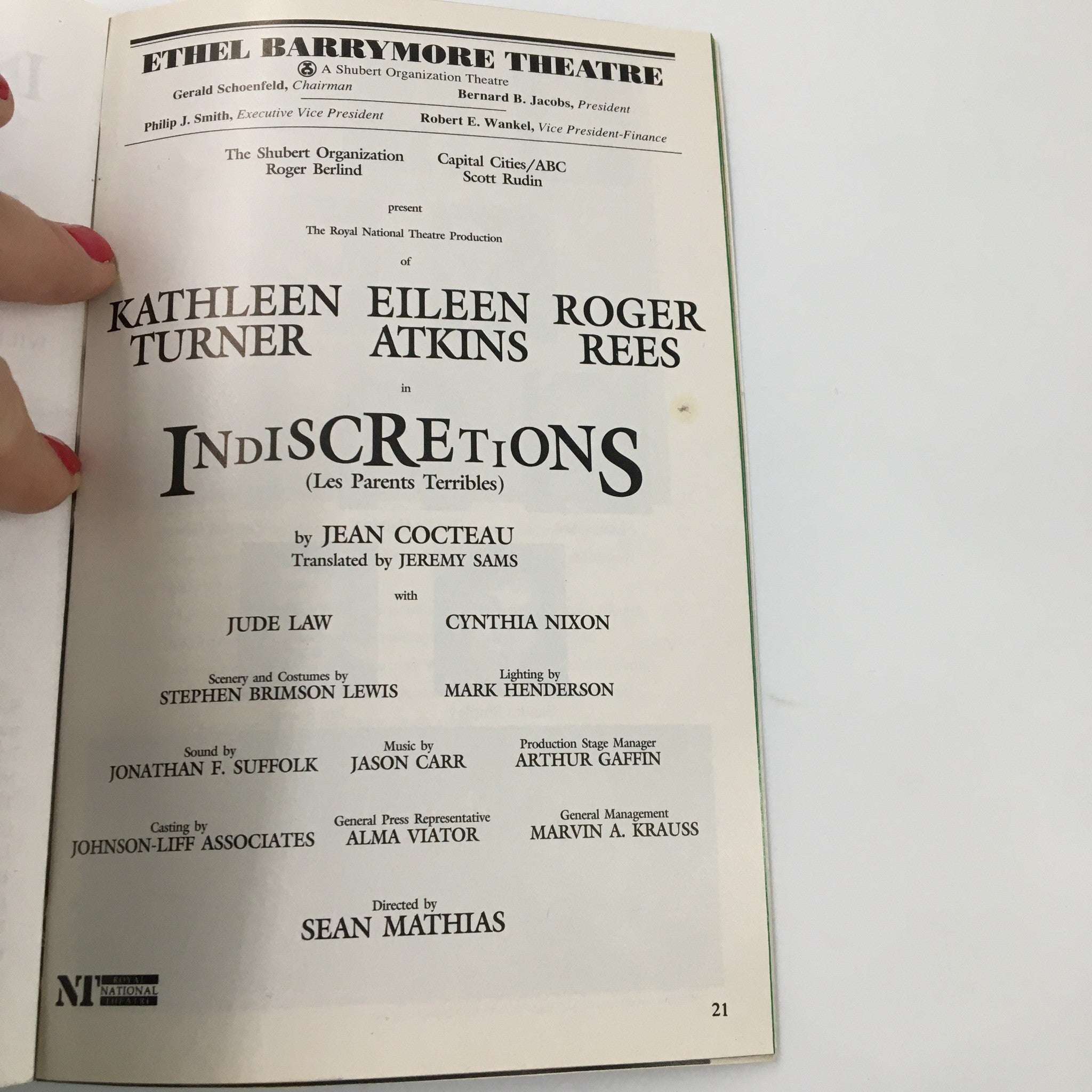 1995 Playbill Ethel Barrymore Theatre Kathleen Turner in Indiscretions