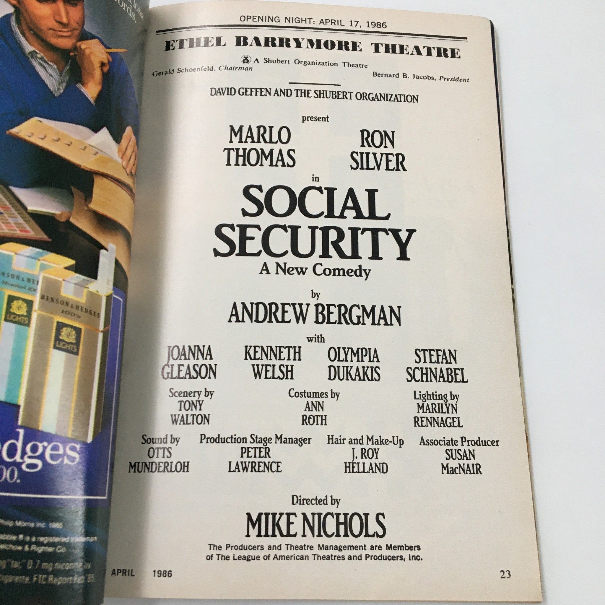 1986 Playbill Ethel Barrymore Theatre Marlo Thomas in Social Security