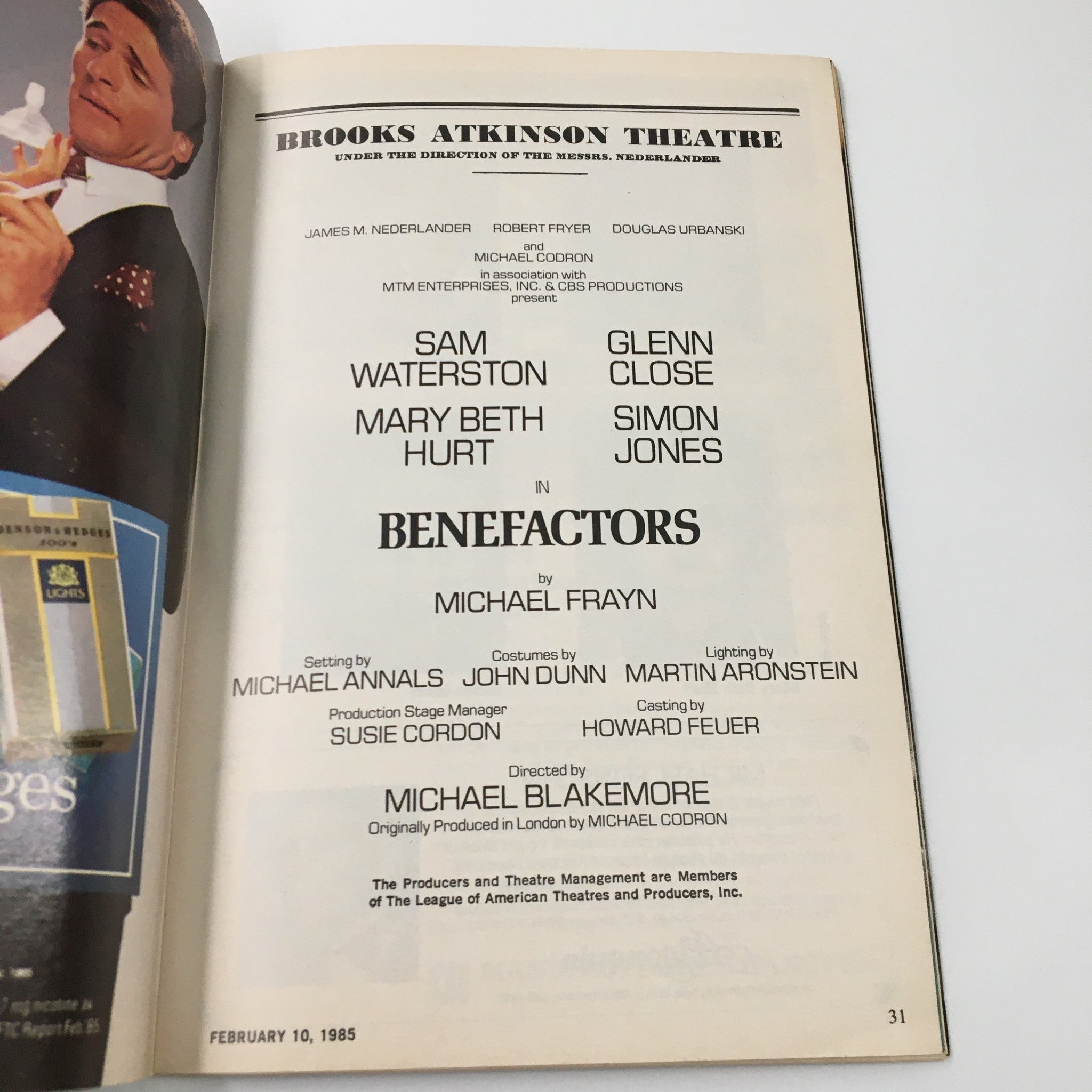 1986 Playbill Brooks Atkinson Theatre Glenn Close in Benefactors Michael Frayn