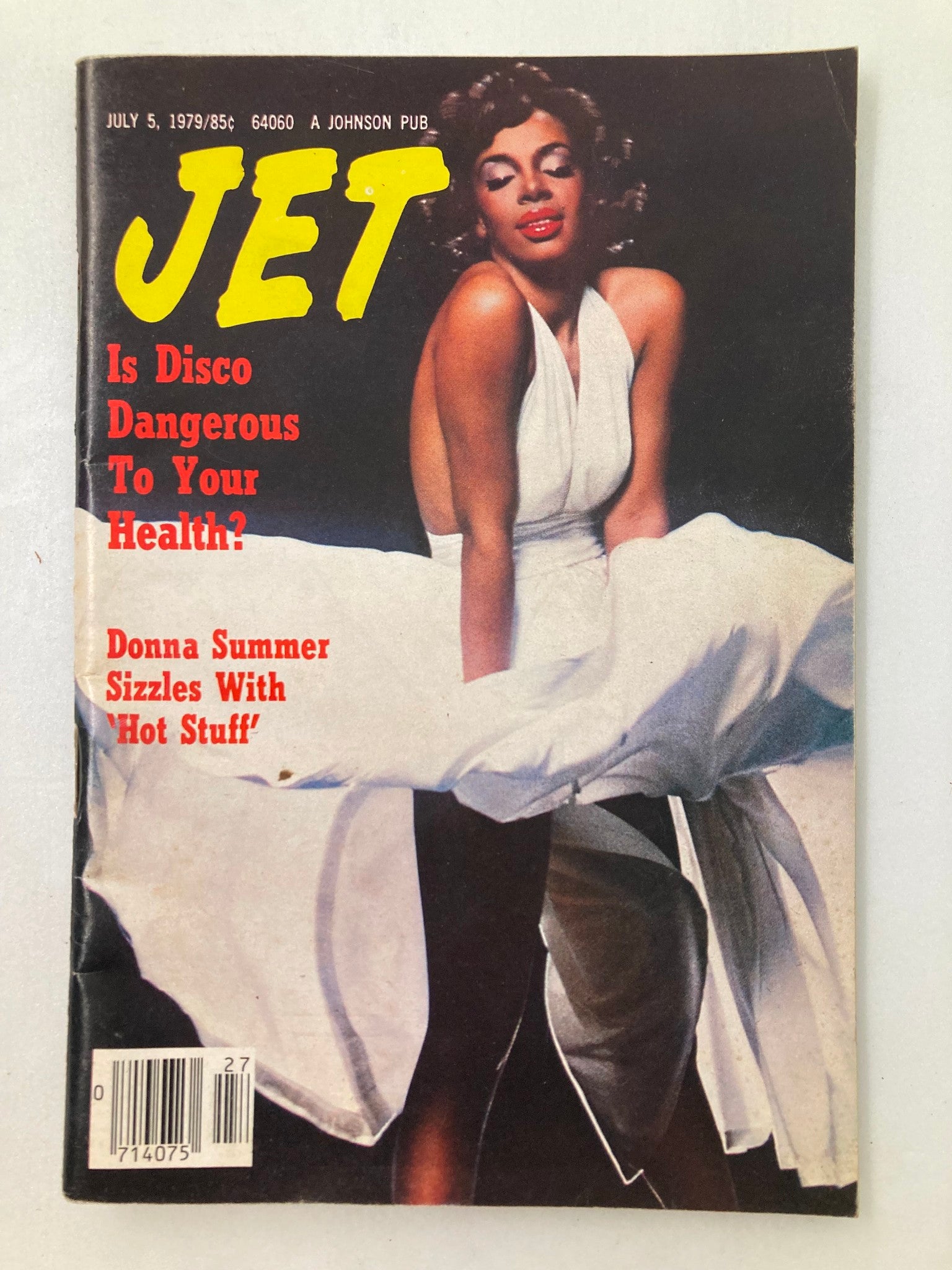 Cover of VTG Jet Magazine July 5 1979 Vol 56 #16 featuring Donna Summer with the headline 'Is Disco Dangerous To Your Health?' and showcasing her song 'Hot Stuff'. This vintage magazine is a collectible item reflecting the disco era.