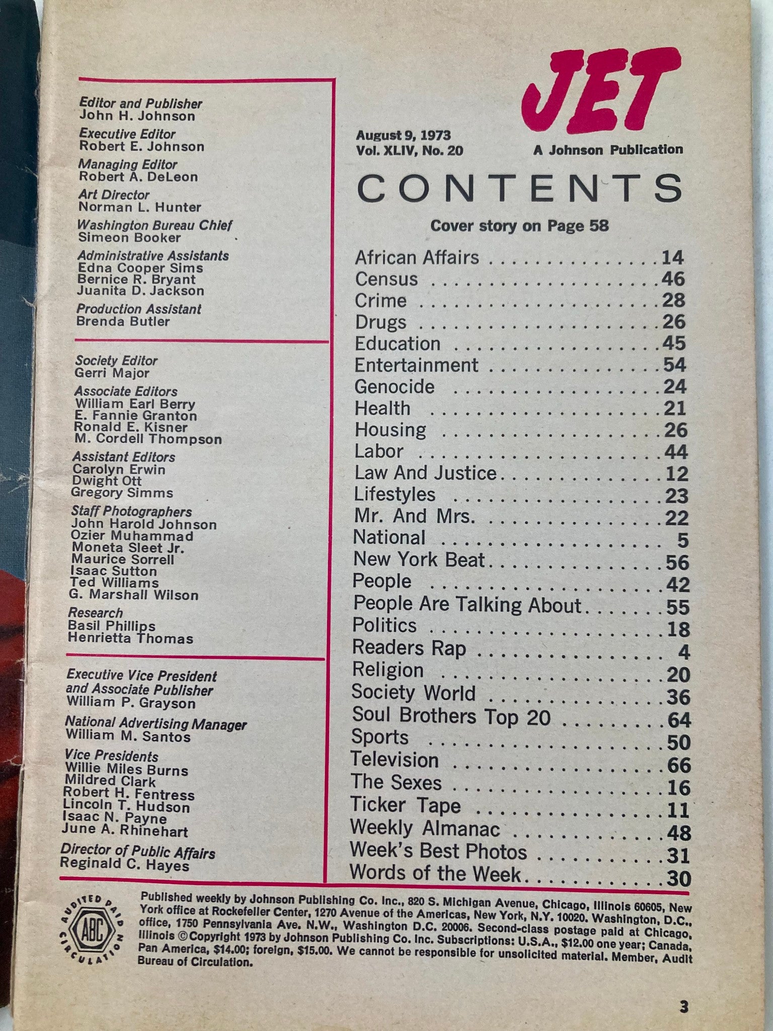 Table of contents from Jet Magazine, August 9, 1973, Vol 49 #20, listing articles including feature on Pam Grier's fame in Black cinema.