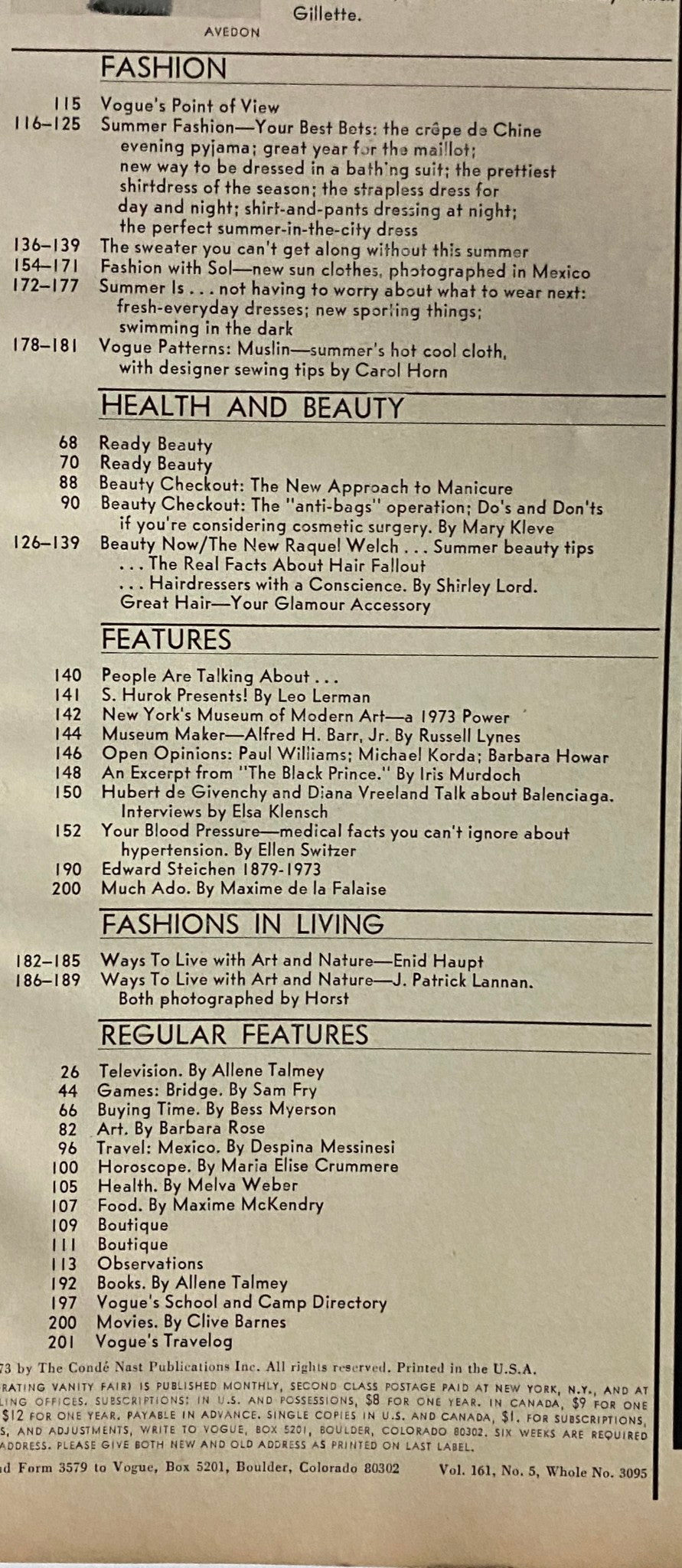 Table of contents from Vogue Magazine May 1973, outlining articles on fashion, beauty tips, and cultural features.