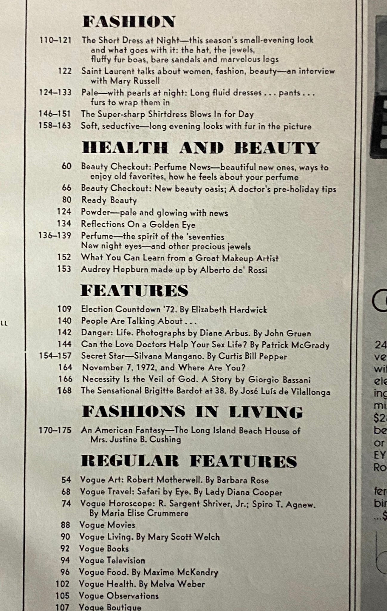 Table of contents from Vogue Magazine November 1972 showcasing highlights and features such as fashion trends and beauty tips.