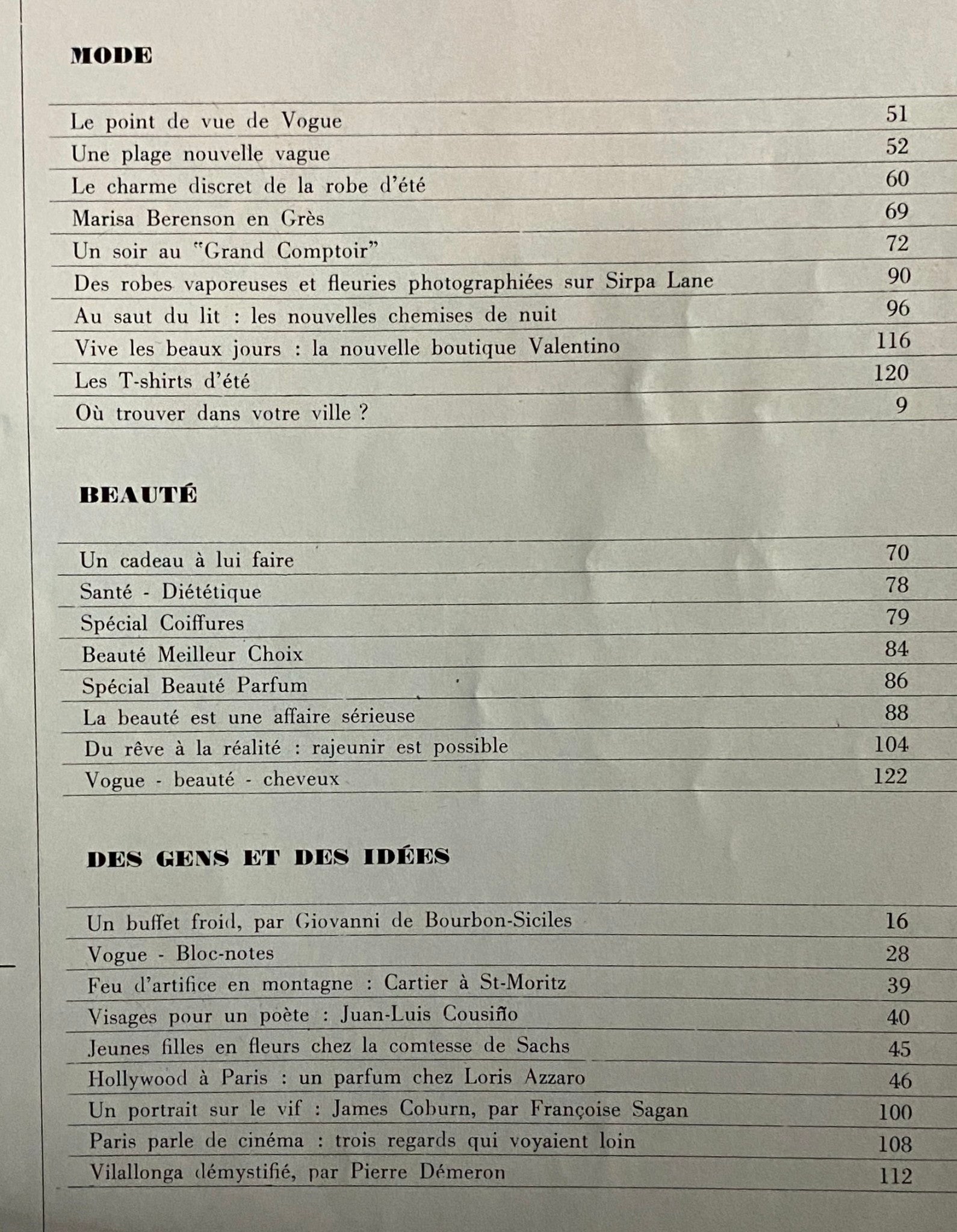 Table of contents from Vogue Paris Magazine May 1975 featuring sections on fashion, beauty, and cultural commentary relevant to the era.