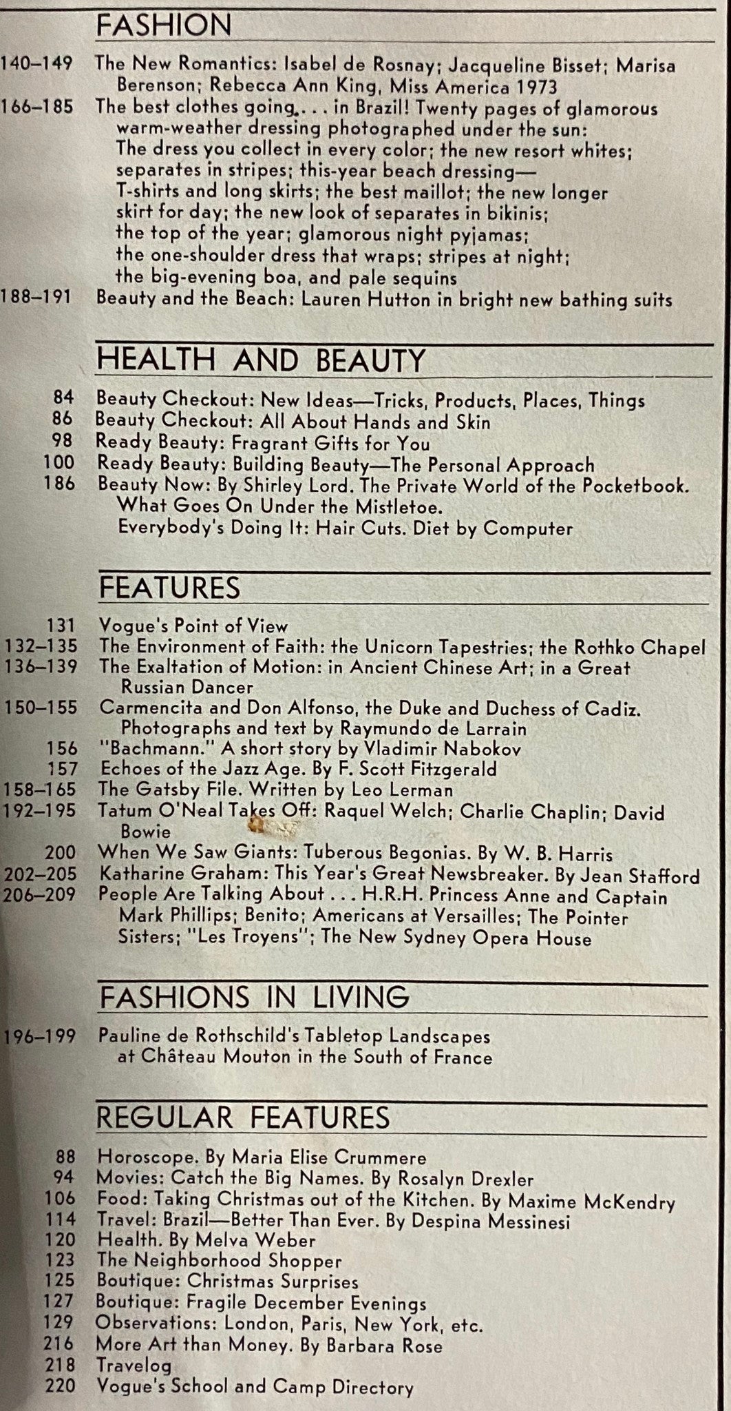 Contents page of December 1973 Vogue Magazine, highlighting various sections including fashion and beauty, showcasing the magazine's layout and features.