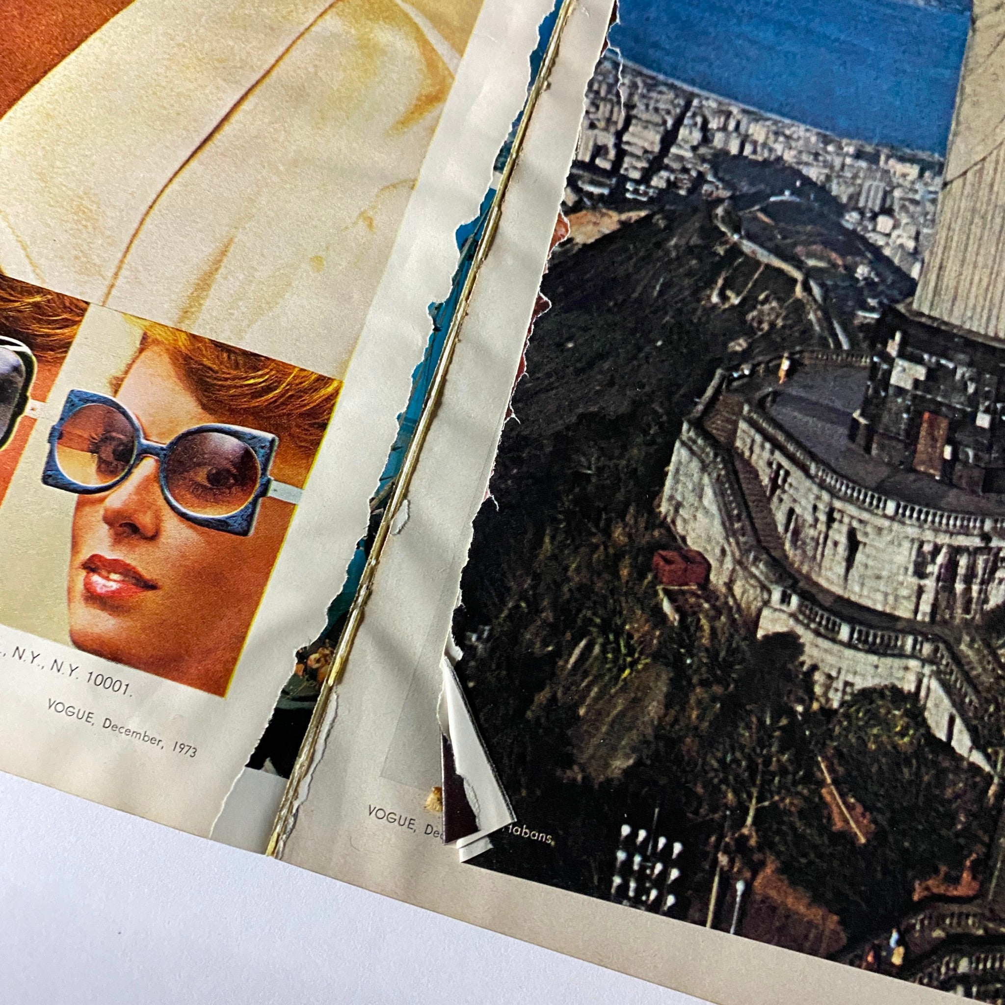 Close-up of a page from December 1973 Vogue Magazine featuring vintage fashion advertisements, illustrating the iconic styles and aesthetics of the 1970s.