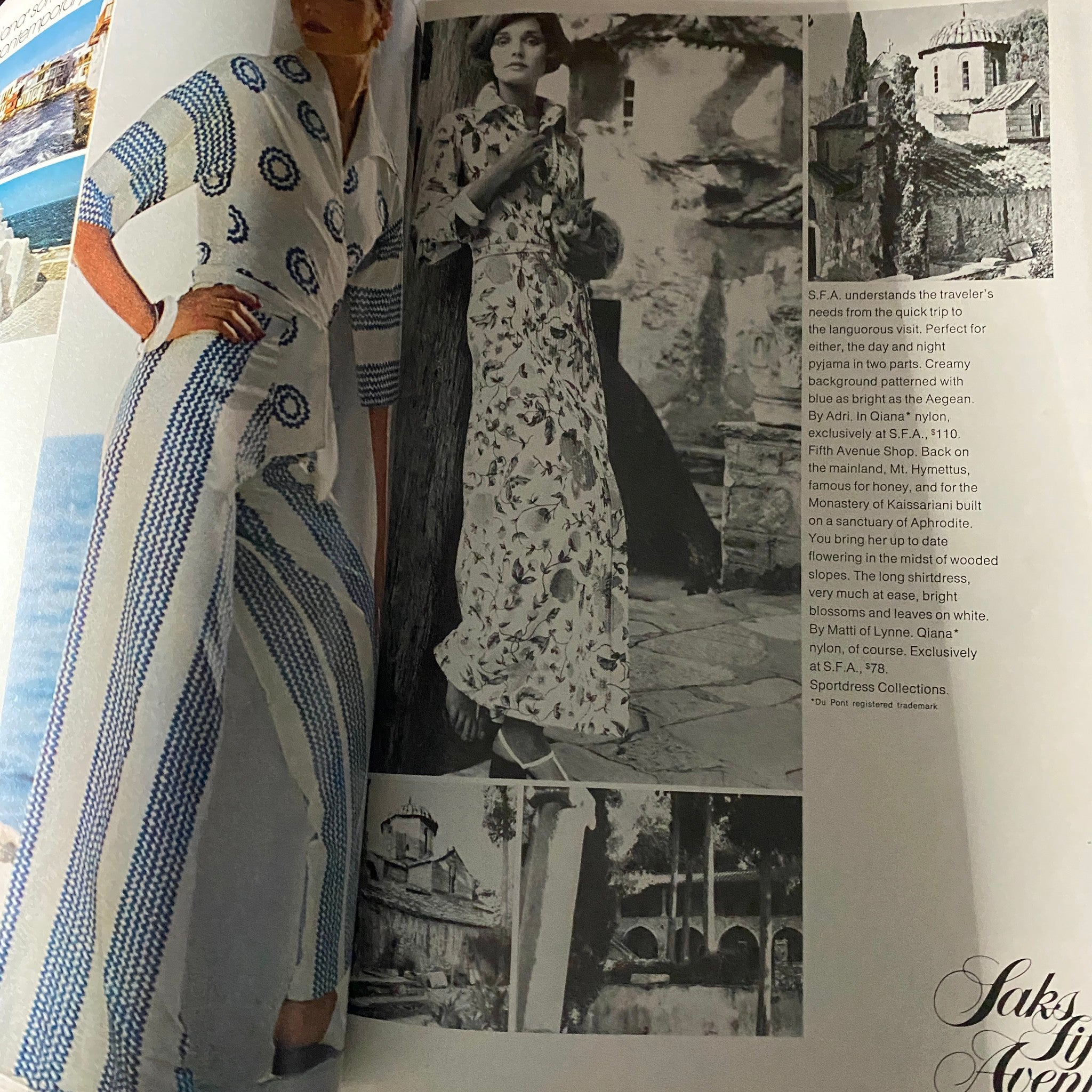 Vogue Magazine December 1973 Jacqueline Bisset Cover showcasing vintage fashion trends, featuring stunning designs like a blue and white striped outfit and a long floral dress, reflecting the elegance of 1970s style.