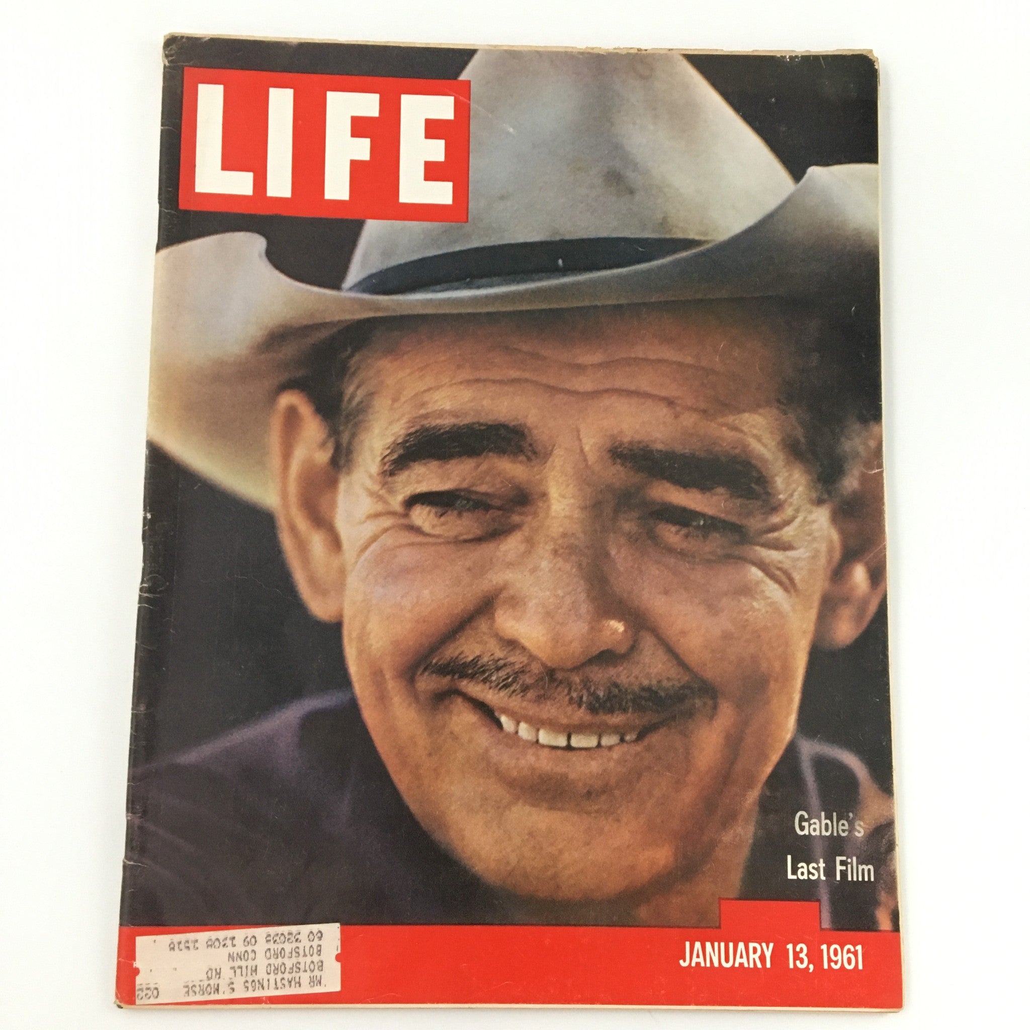 Vintage Life Magazine cover from January 13, 1961 featuring Clark Gable, showcasing his last film 'The Misfits' with a prominent smile and cowboy hat.