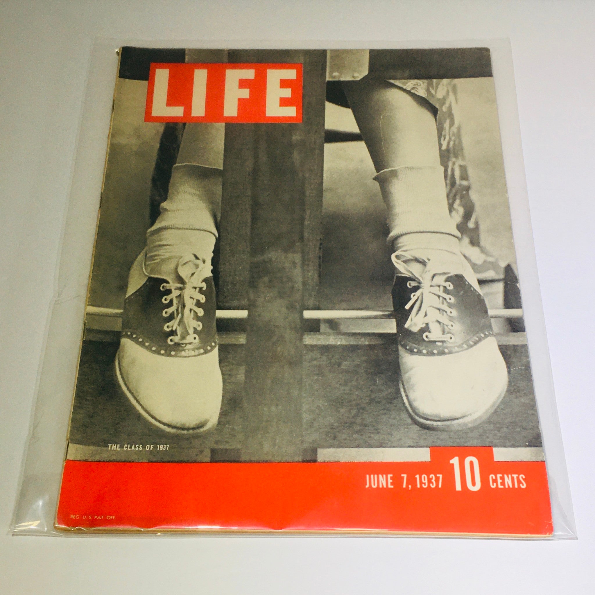 Vintage Life Magazine cover from June 7, 1937, titled 'The Class of 1937', featuring an artistic layout with unique shoes and a striking red and black design, ideal for collectors and vintage memorabilia enthusiasts.