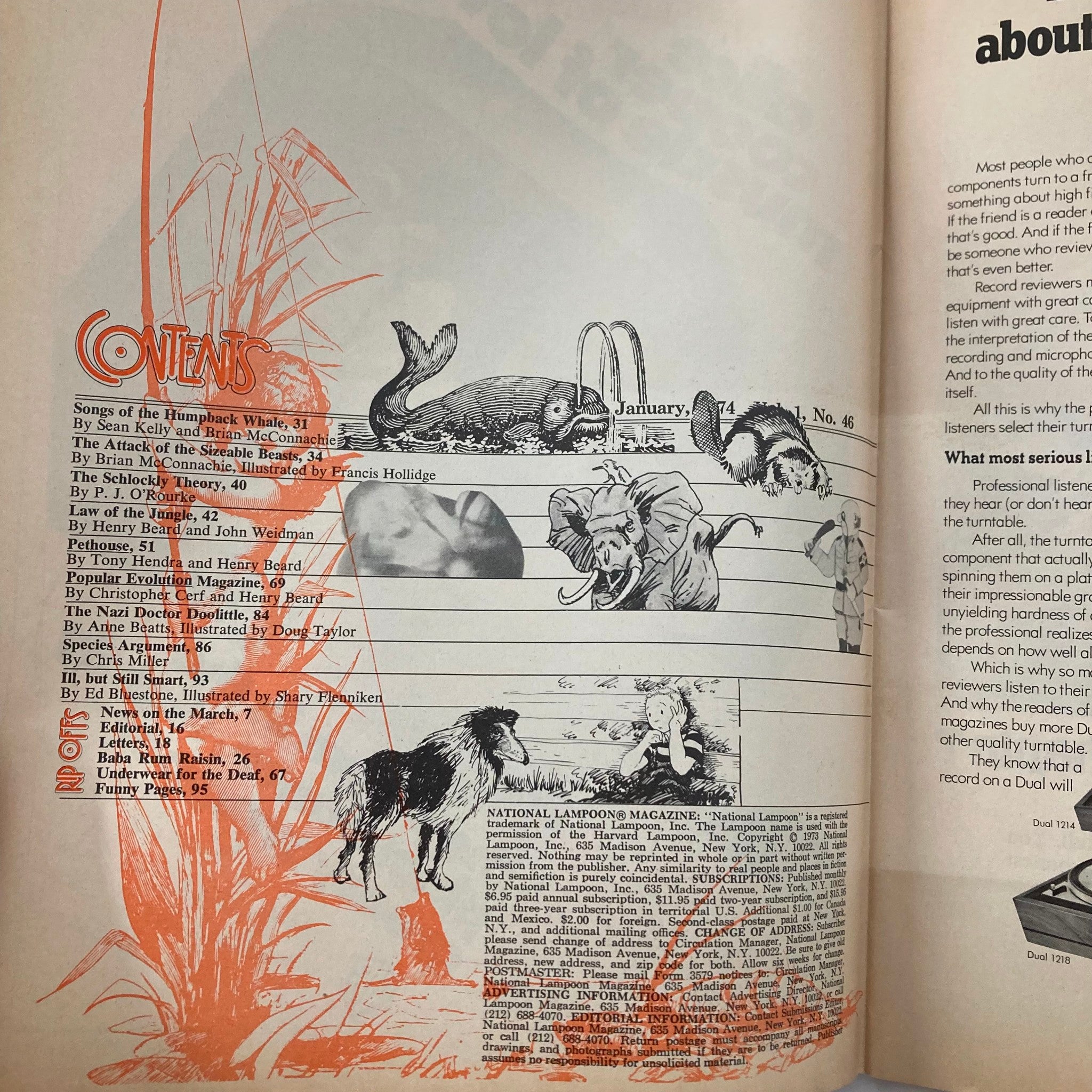 Interior page of Vintage National Lampoon Magazine January 1974 displaying the contents list, illustrated with quirky animal graphics and titles like 'Law of the Jungle.' A unique collectible piece.