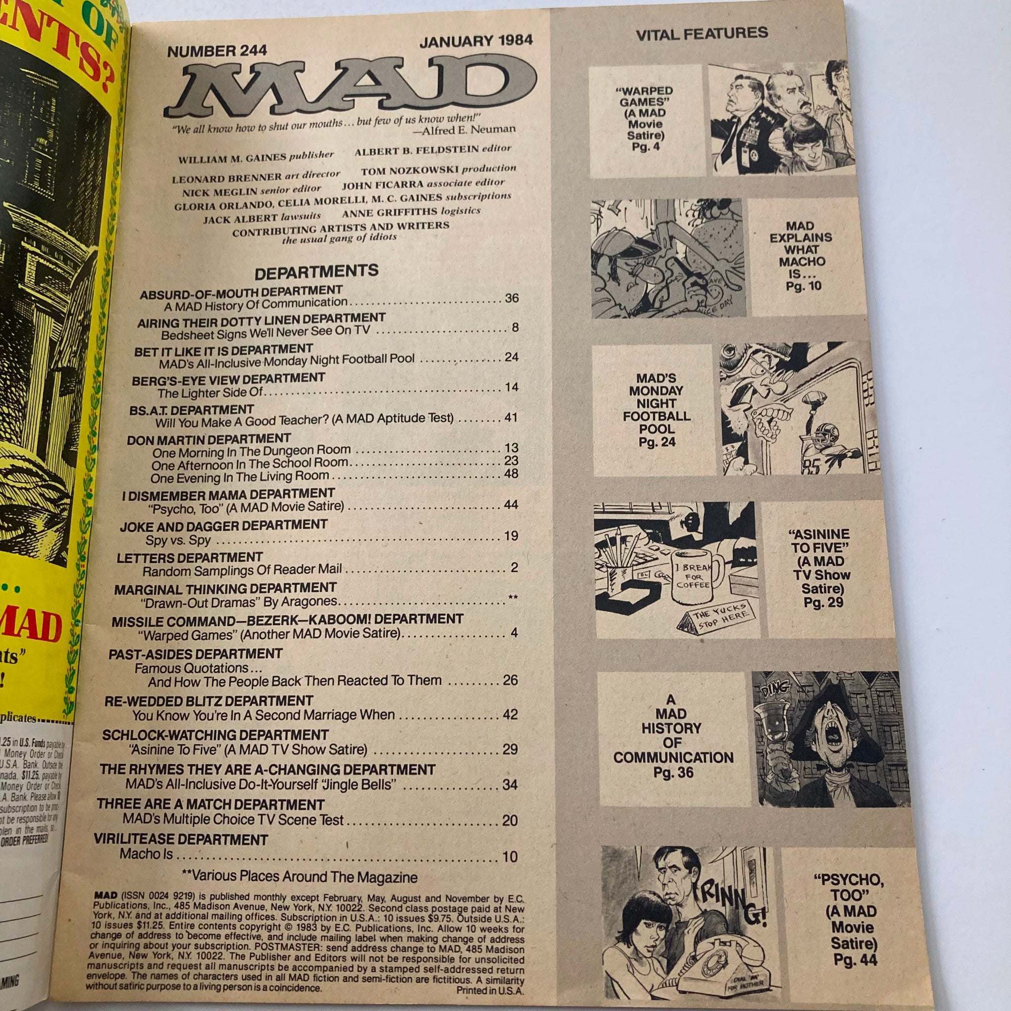 Mad Magazine January 1984 No. 244 War Games and Psycho II 6.0 FN No Label