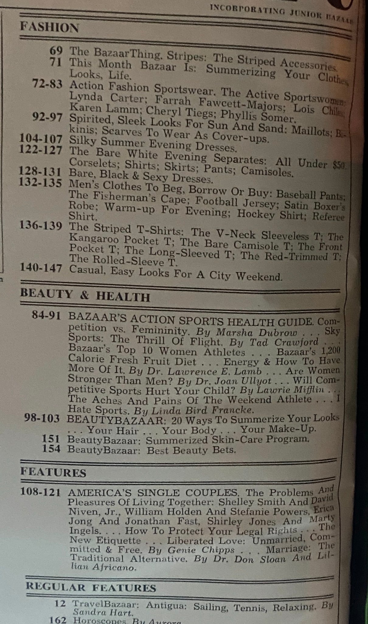 Table of contents from Harper's Bazaar Magazine May 1977, featuring sections on fashion and beauty, highlighting articles like 'Bazaar's Action Sports Health Guide'.