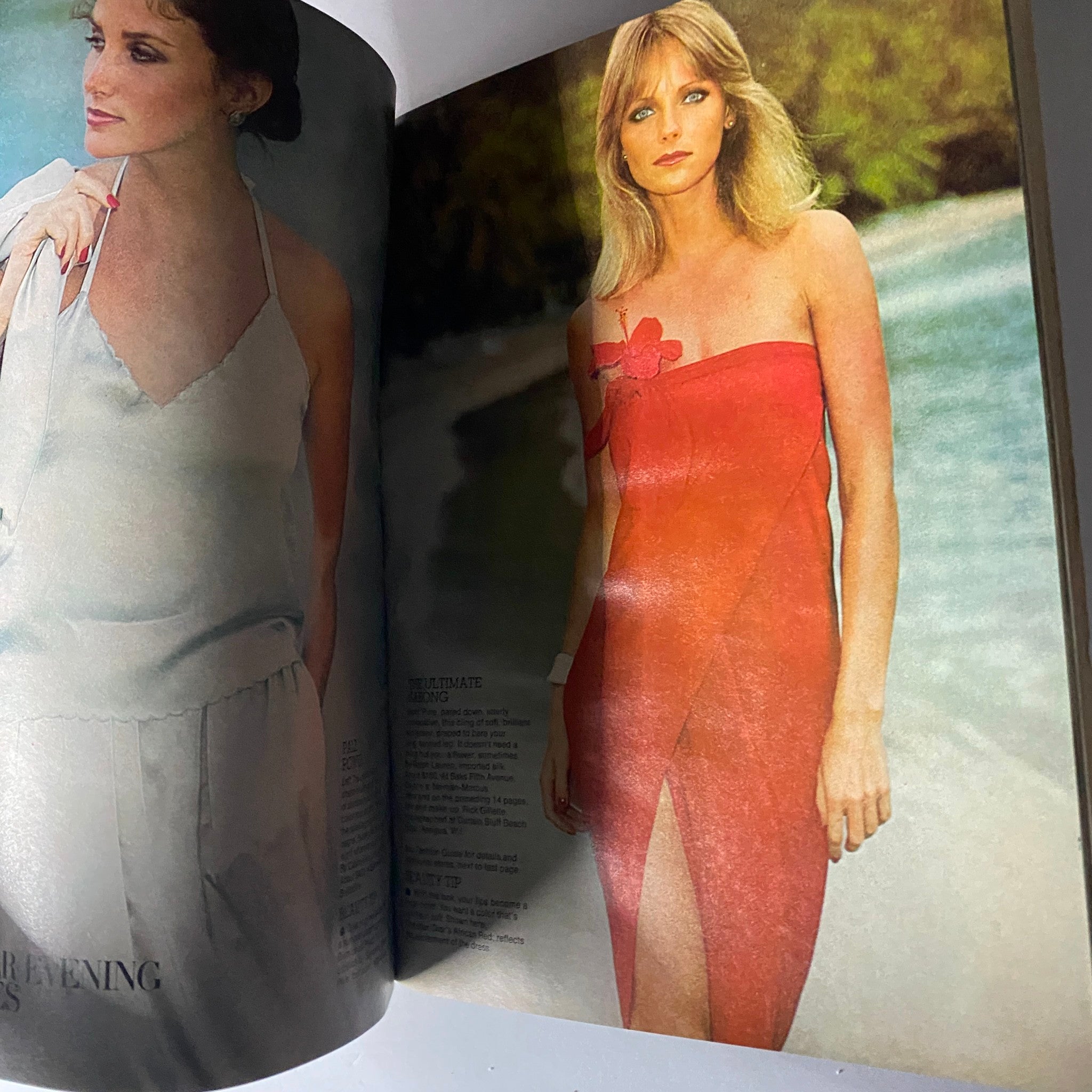 Interior page of Harper's Bazaar Magazine May 1977 displaying summer evening dresses, showcasing vintage fashion styles from the 1970s.