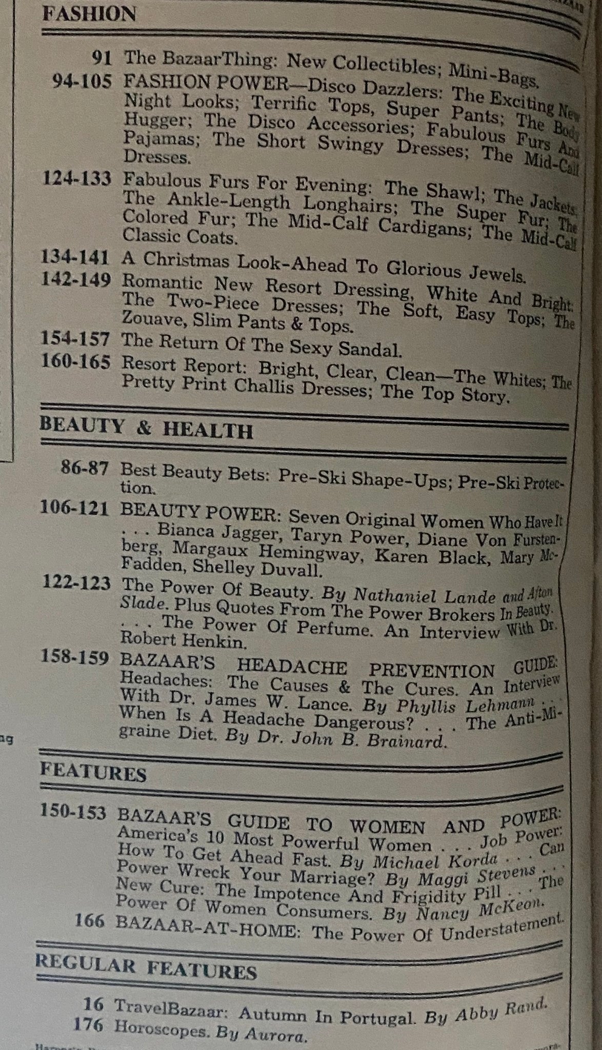 Interior page of Harper's Bazaar Magazine November 1977 detailing various articles and features, such as 'Fashion Power' and 'Beauty Power,' highlighting the magazine's insights into fashion and beauty trends of the era.