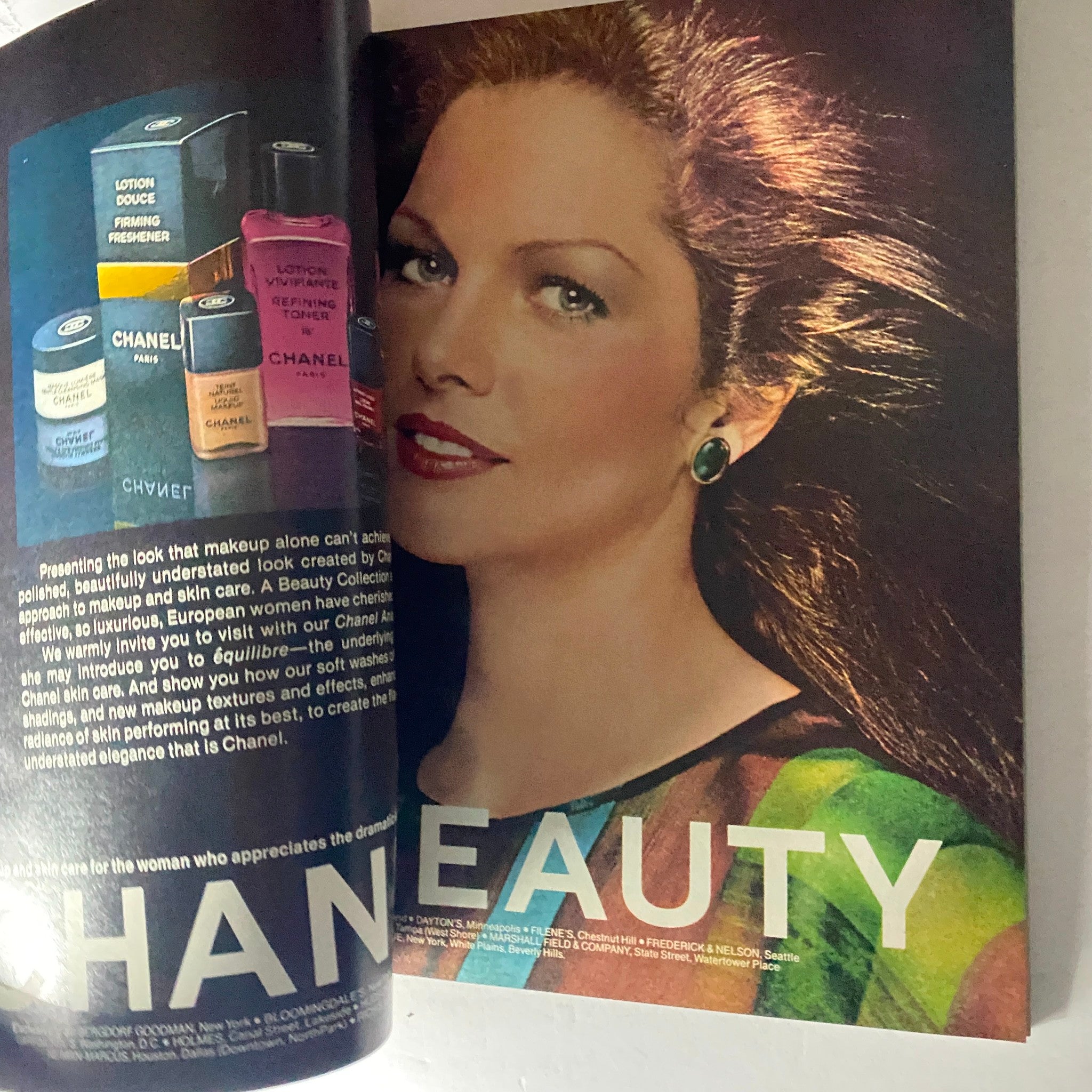 Vintage advertisement from Harper's Bazaar November 1977 featuring Chanel beauty products alongside a model showcasing makeup, highlighting the brand's elegance and sophisticated approach to skincare.